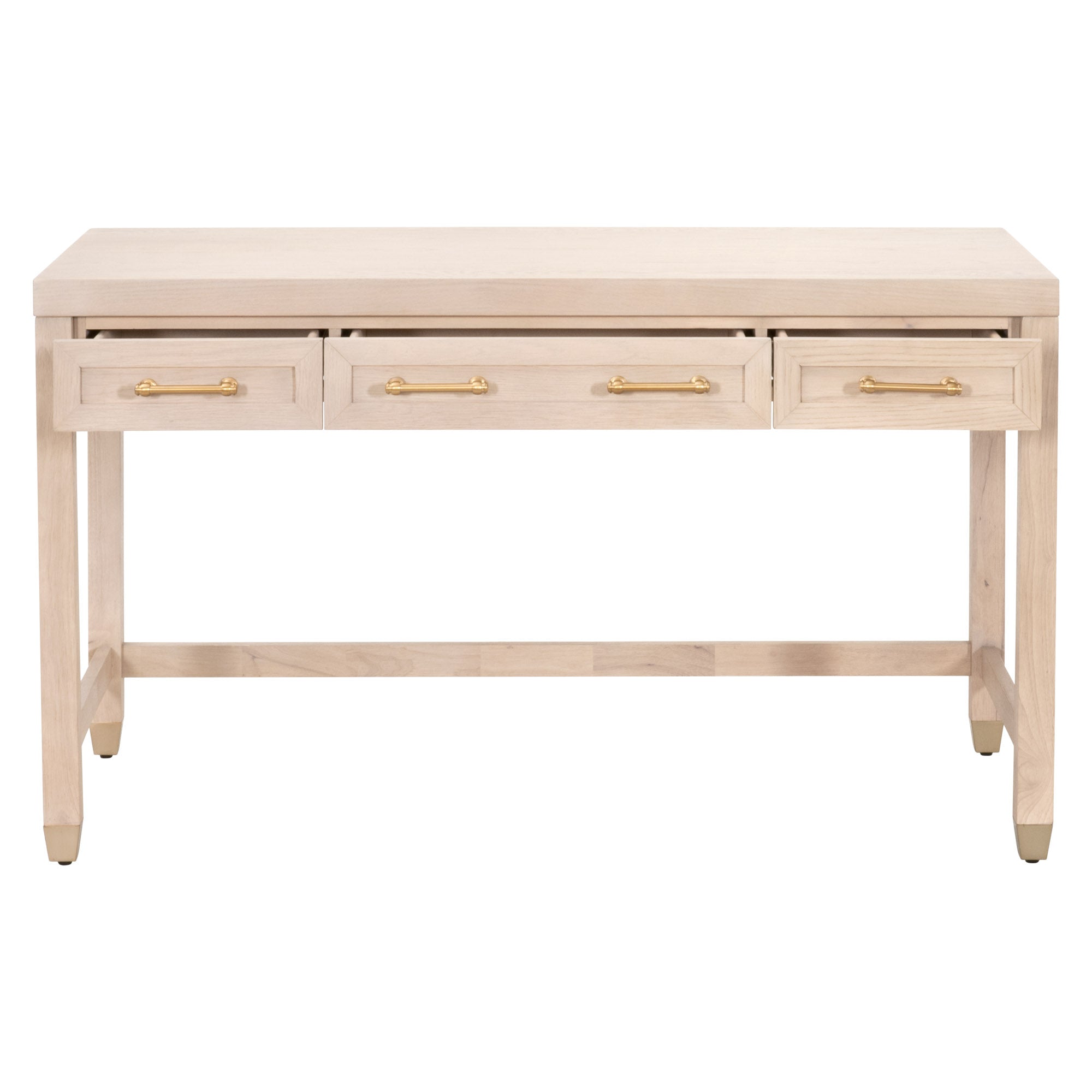 Essentials For Living Stella Desk in light wood finish with three drawers and brass handles and feet for elegant home office use