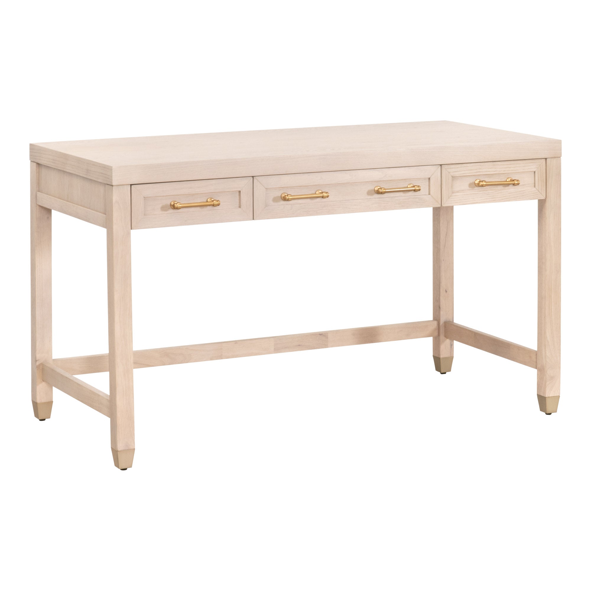 Light wood desk with three drawers and gold handles, featuring a clean design by Essentials For Living.