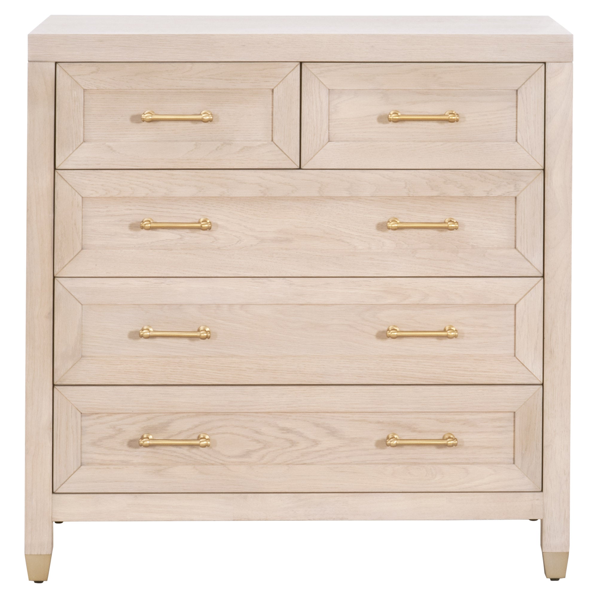 Essentials For Living five-drawer high chest in light wood with brass handles and feet, offering elegant storage solution.