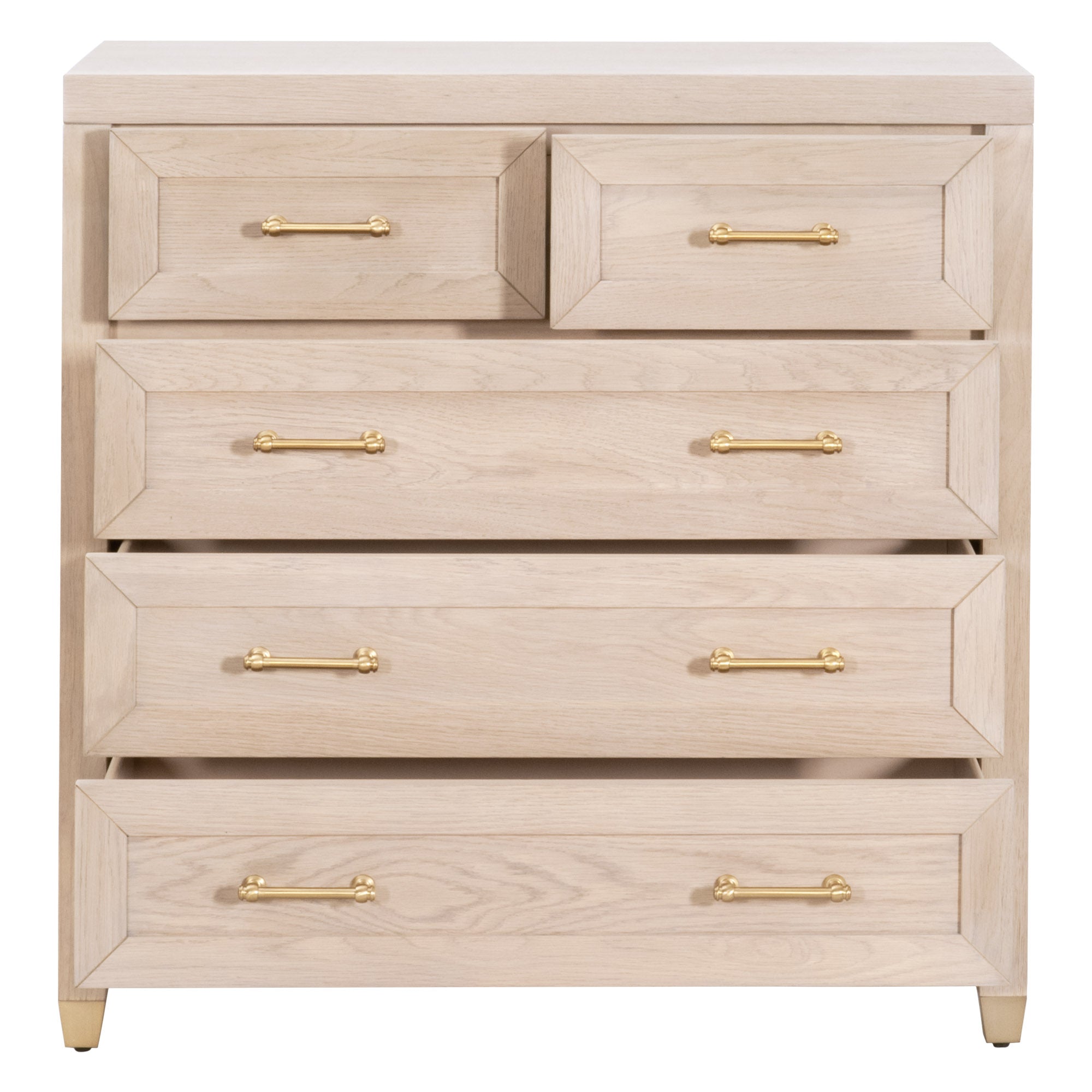 Essentials for Living Stella 5-drawer high chest in light wood finish with gold handles and feet, offering ample storage space.