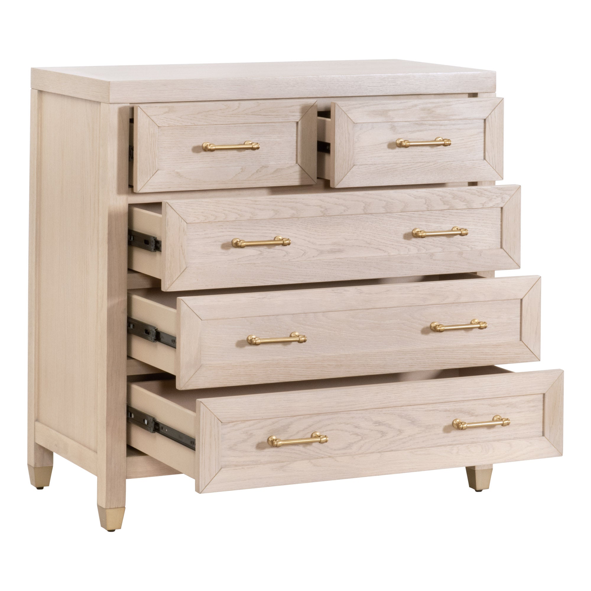 Essentials for Living Stella 5-Drawer High Chest in natural wood with gold handles open drawers for storage