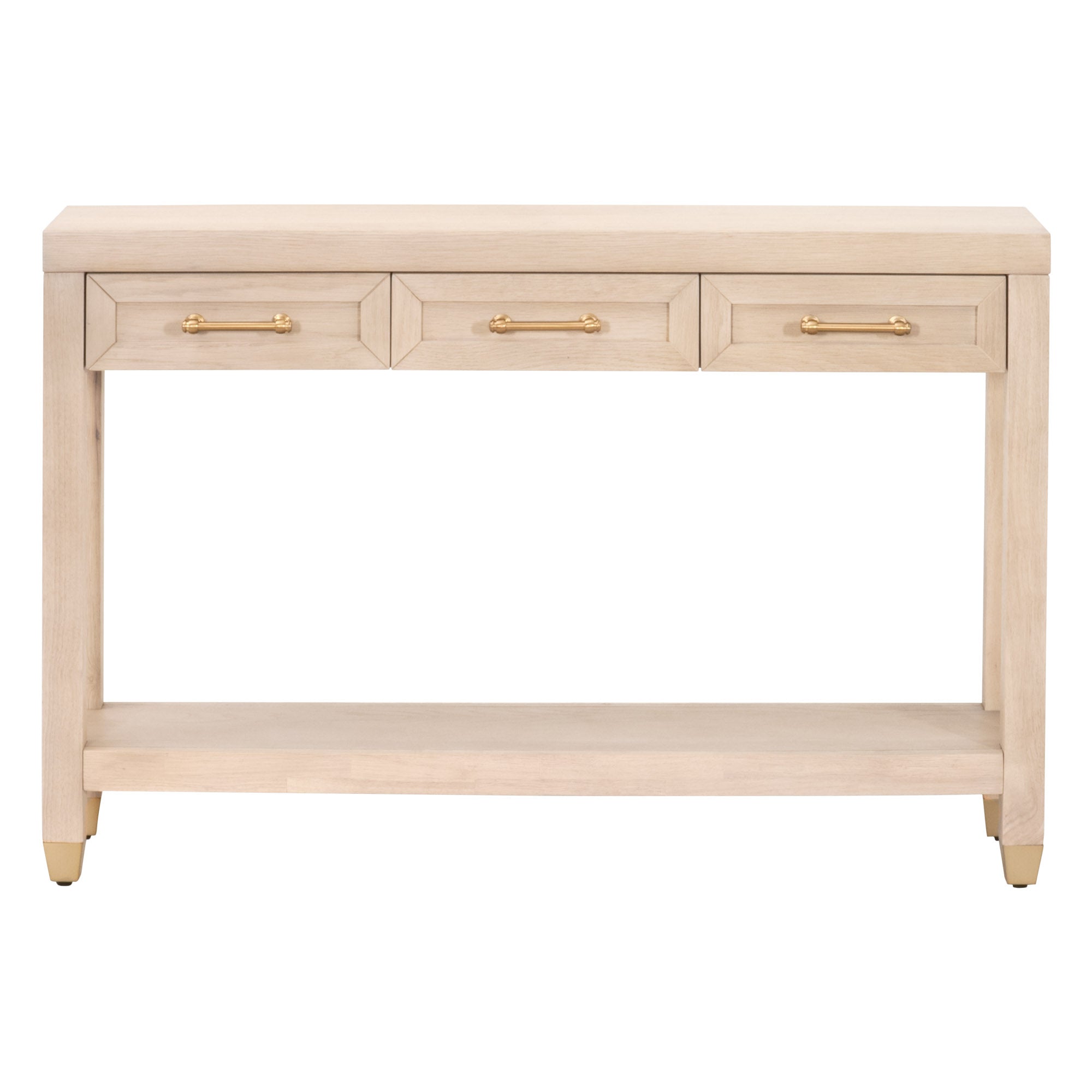 Essentials for Living Stella Console Table with light honey oak finish, brass hardware, three drawers, and bottom shelf storage