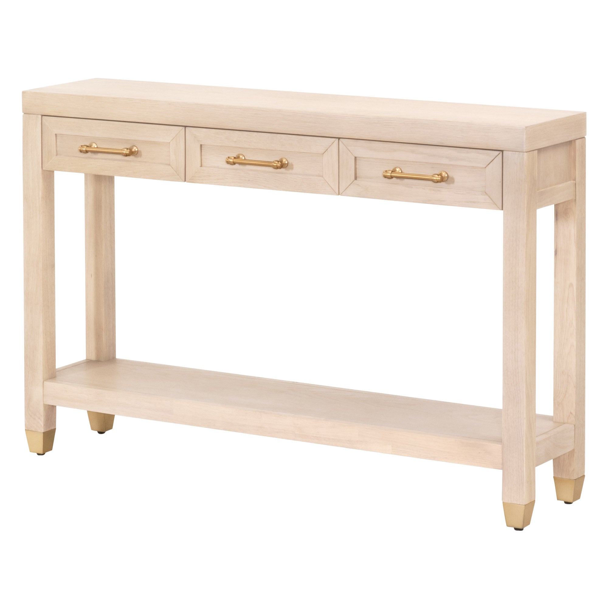 Essentials for Living Stella Narrow Console Table in light honey oak with brass hardware and three storage drawers