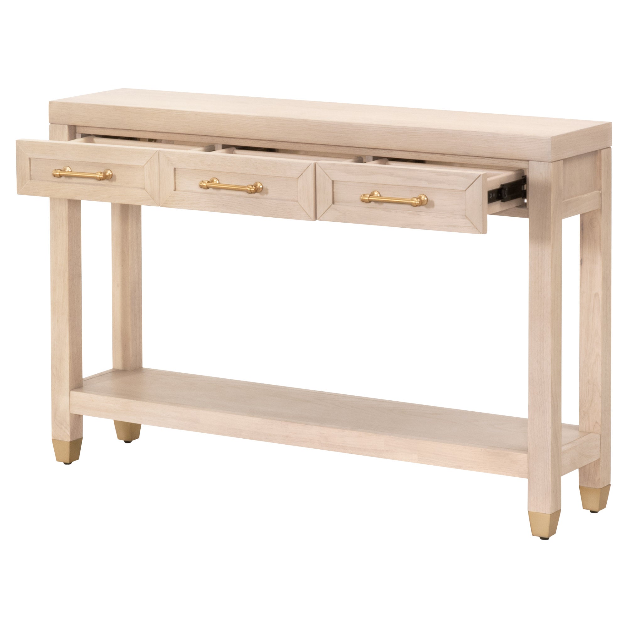 Essentials For Living Stella Narrow Console Table in light honey oak with three open drawers and brass hardware