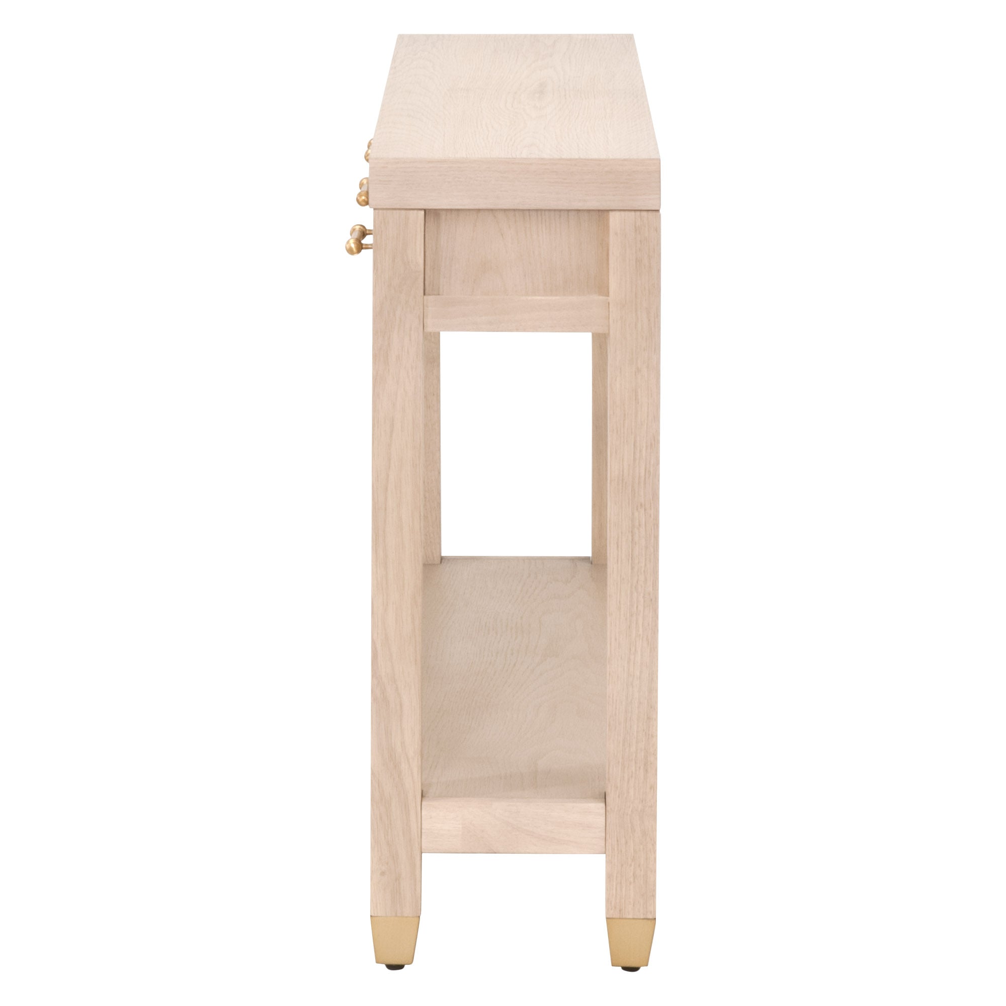 Side view of narrow light honey oak Stella console table with brass hardware and bottom shelf by Essentials For Living