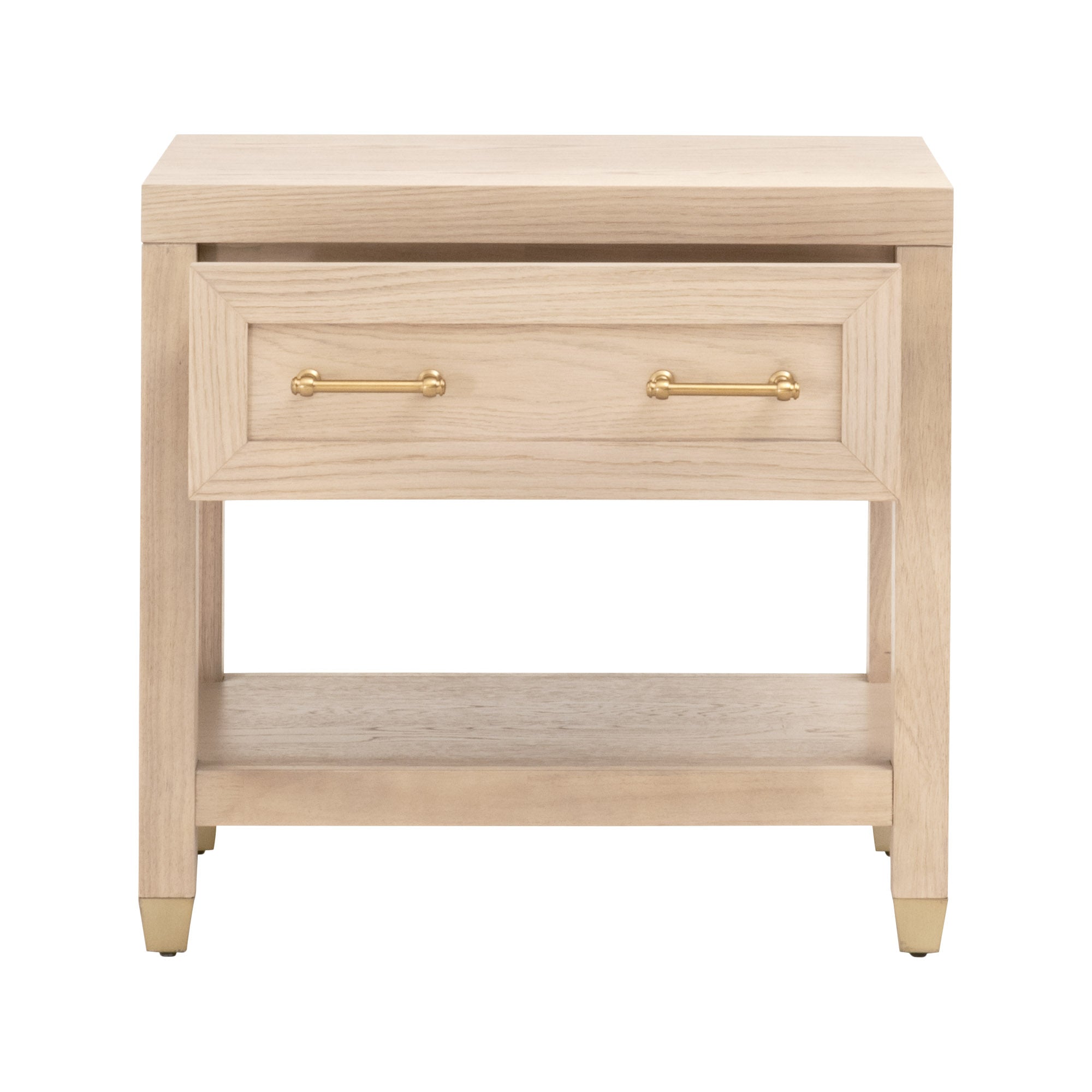 Essentials for Living Stella nightstand in light wood with gold hardware, one drawer, and lower shelf for storage or display