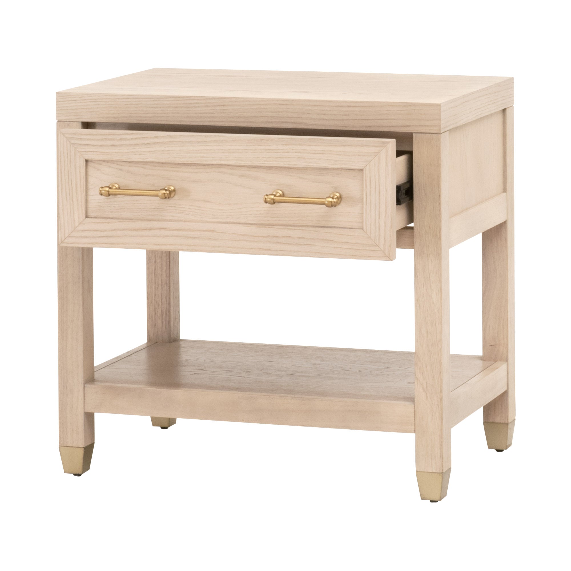 Essentials For Living Stella nightstand in light wood with one drawer, lower shelf, and gold-tone hardware details