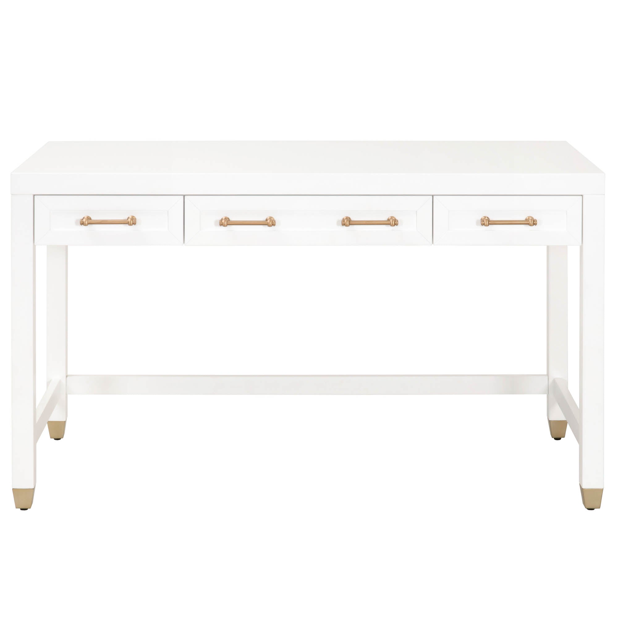 Essentials for Living Stella Desk in matte white lacquer with brushed brass handles and feet and three drawers