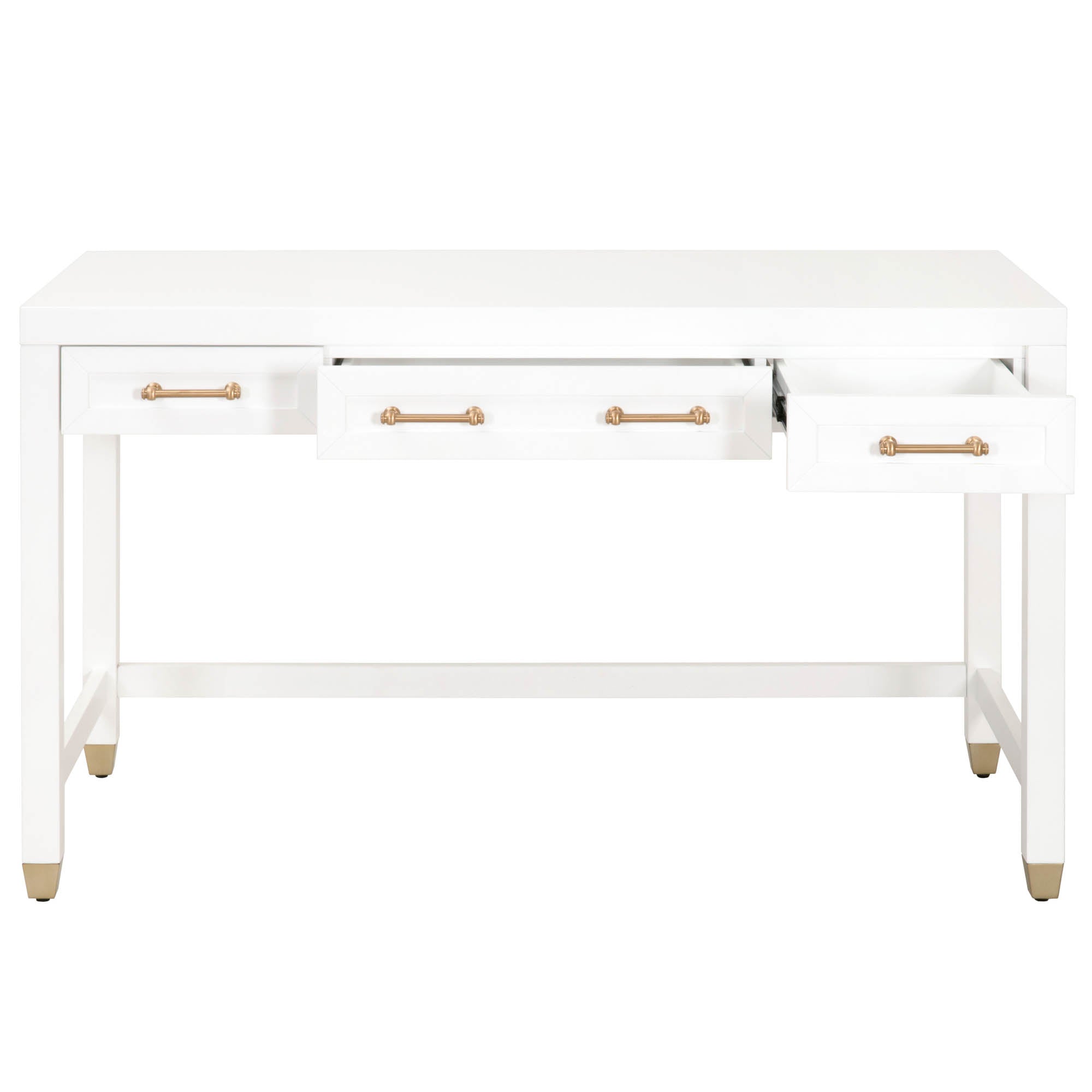 White Stella Desk by Essentials for Living with three open drawers and brushed brass handles and feet