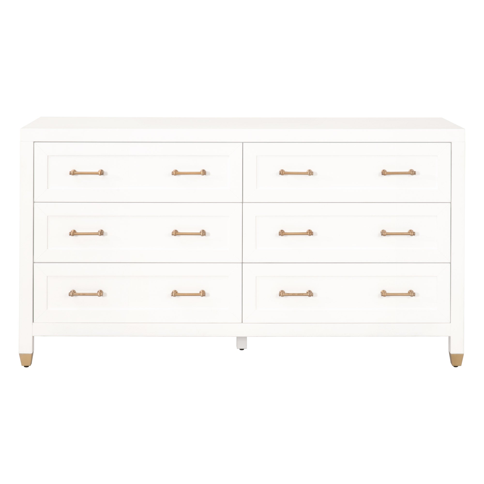 Essentials For Living Stella 6-drawer double dresser in matte white lacquer with brushed brass handles and feet