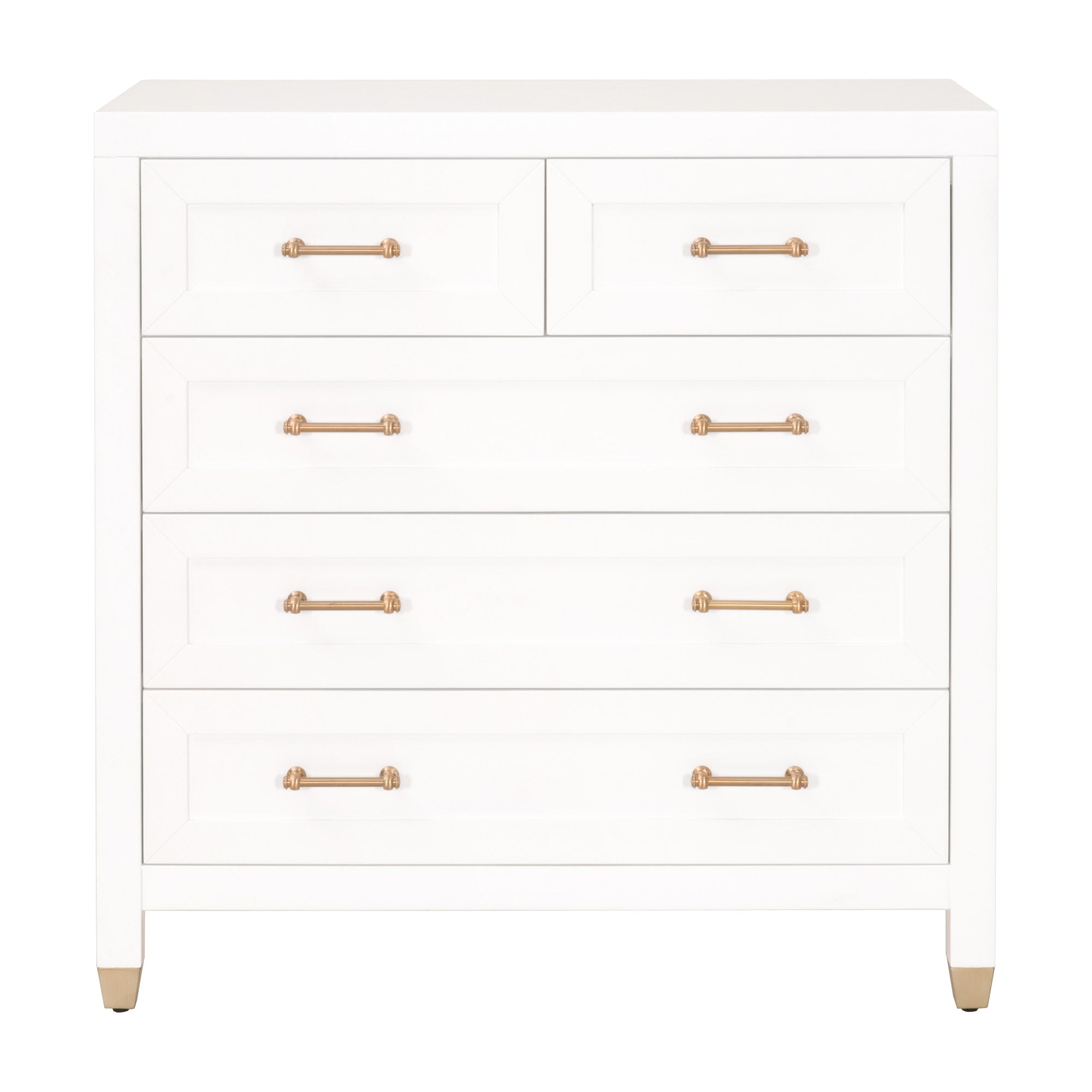 Stella 5-drawer high chest in matte white lacquer with brushed brass handles and feet by Essentials For Living.