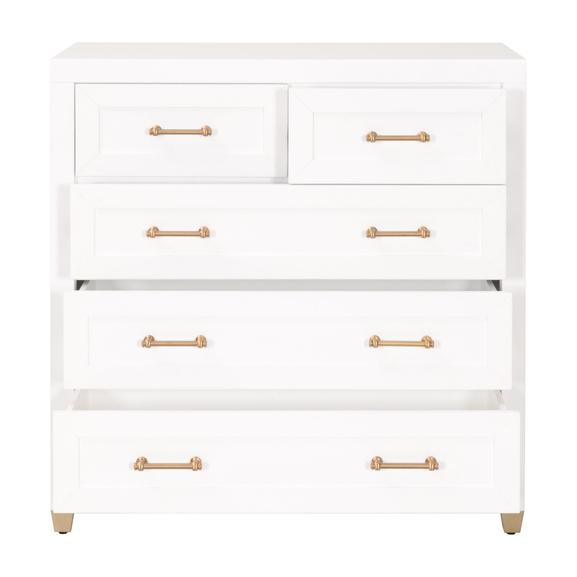 White 5-drawer high chest with brass handles and feet by Essentials For Living in a compact, elegant design