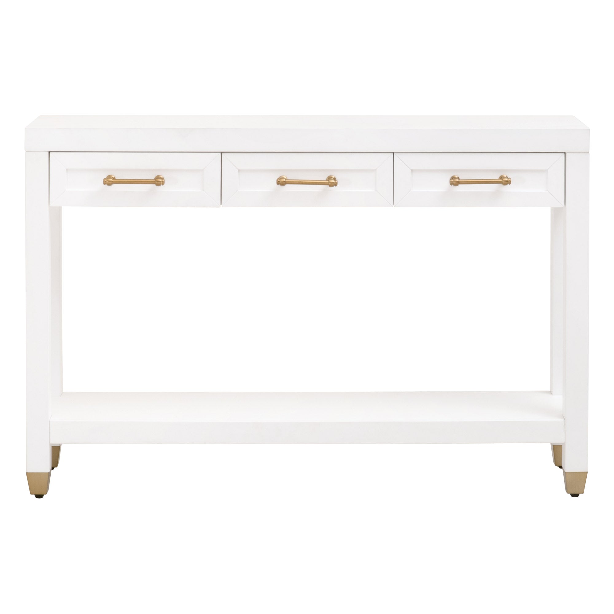 Essentials for Living Stella Narrow Console Table in white with three drawers and brass hardware accents