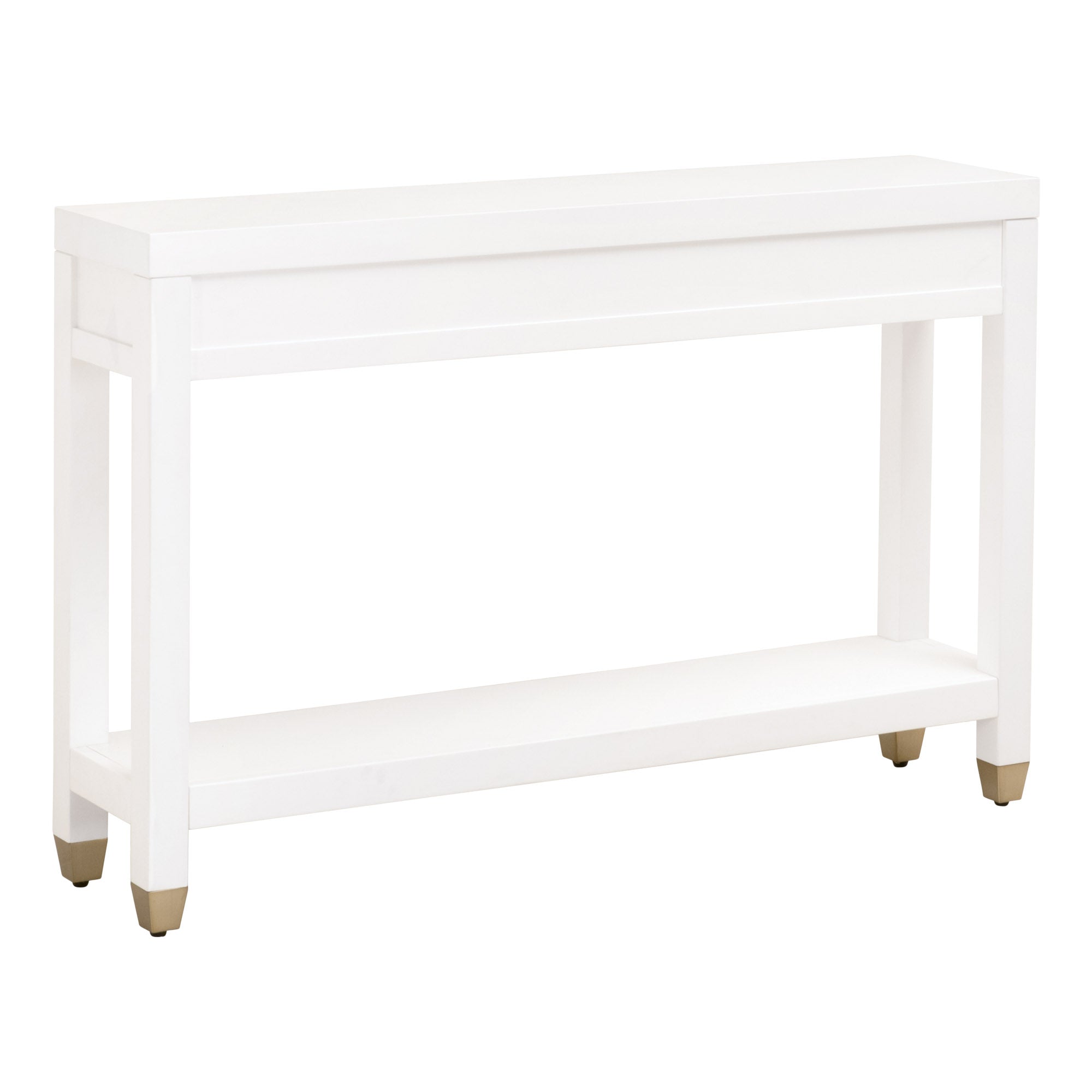 Essentials for Living Stella narrow console table in white with brushed brass feet and lower shelf for decor or storage.