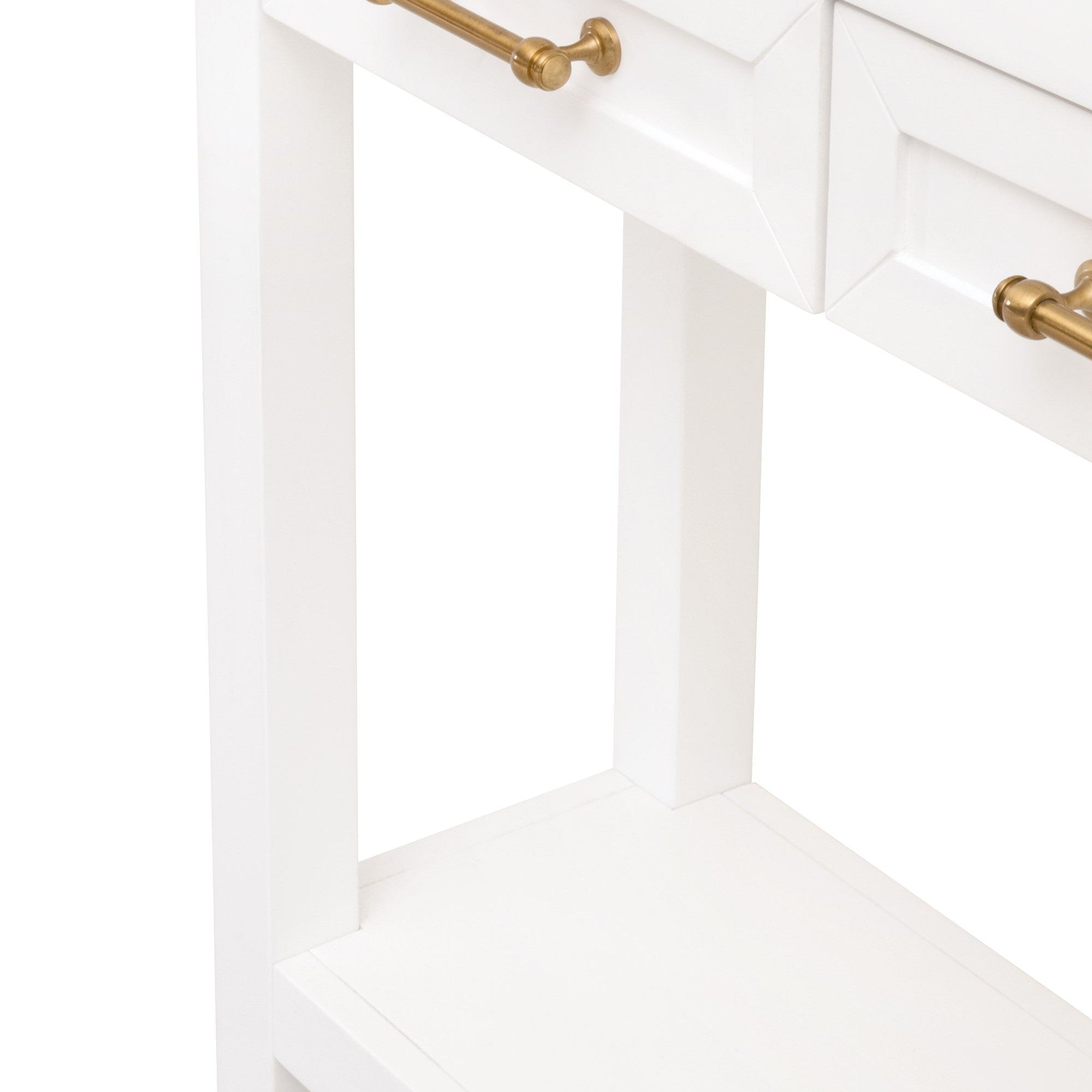 Close-up of white Stella Narrow Console Table showing brushed brass drawer handles and lower shelf detail