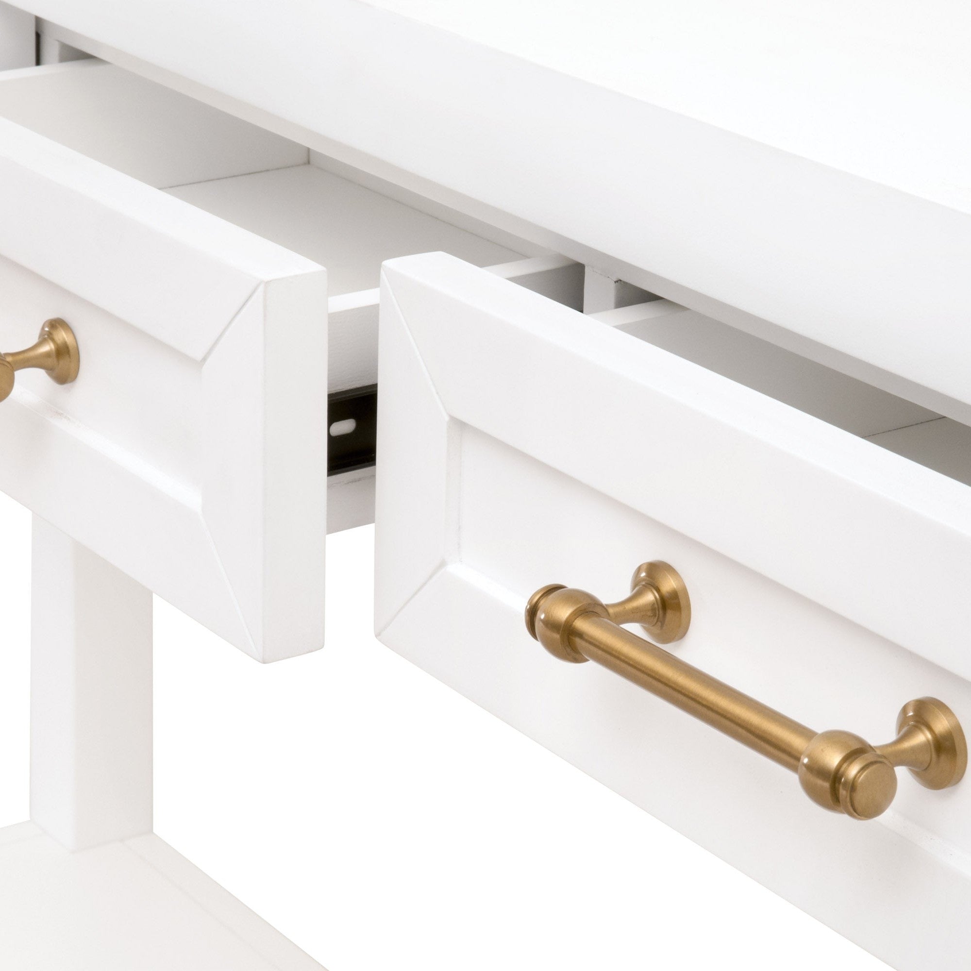 Close-up of white Stella Narrow Console Table drawers with elegant brushed brass hardware by Essentials for Living