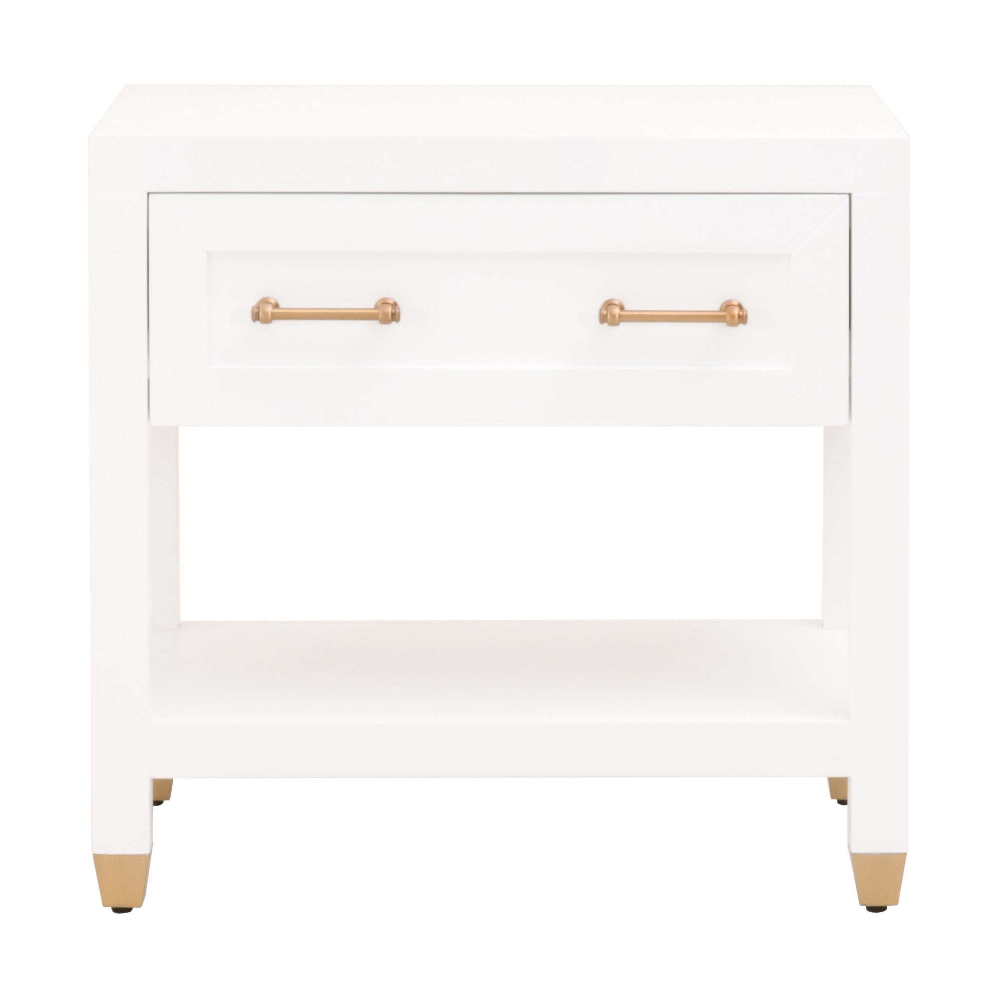 Essentials for Living Stella nightstand in matte white with brass hardware and lower storage shelf in classic design