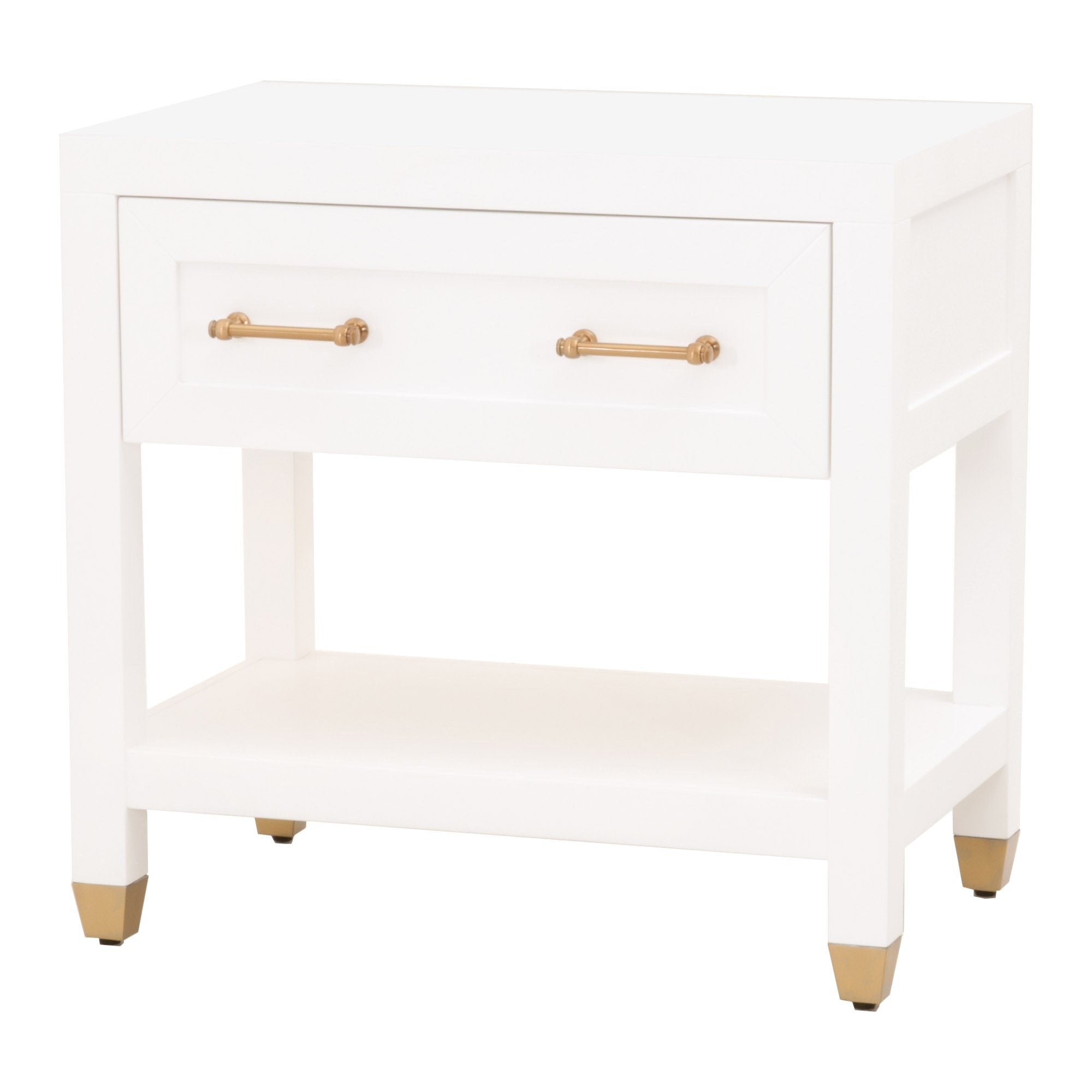 White Stella nightstand with brass hardware and lower shelf by Essentials for Living, blending classic and modern style.