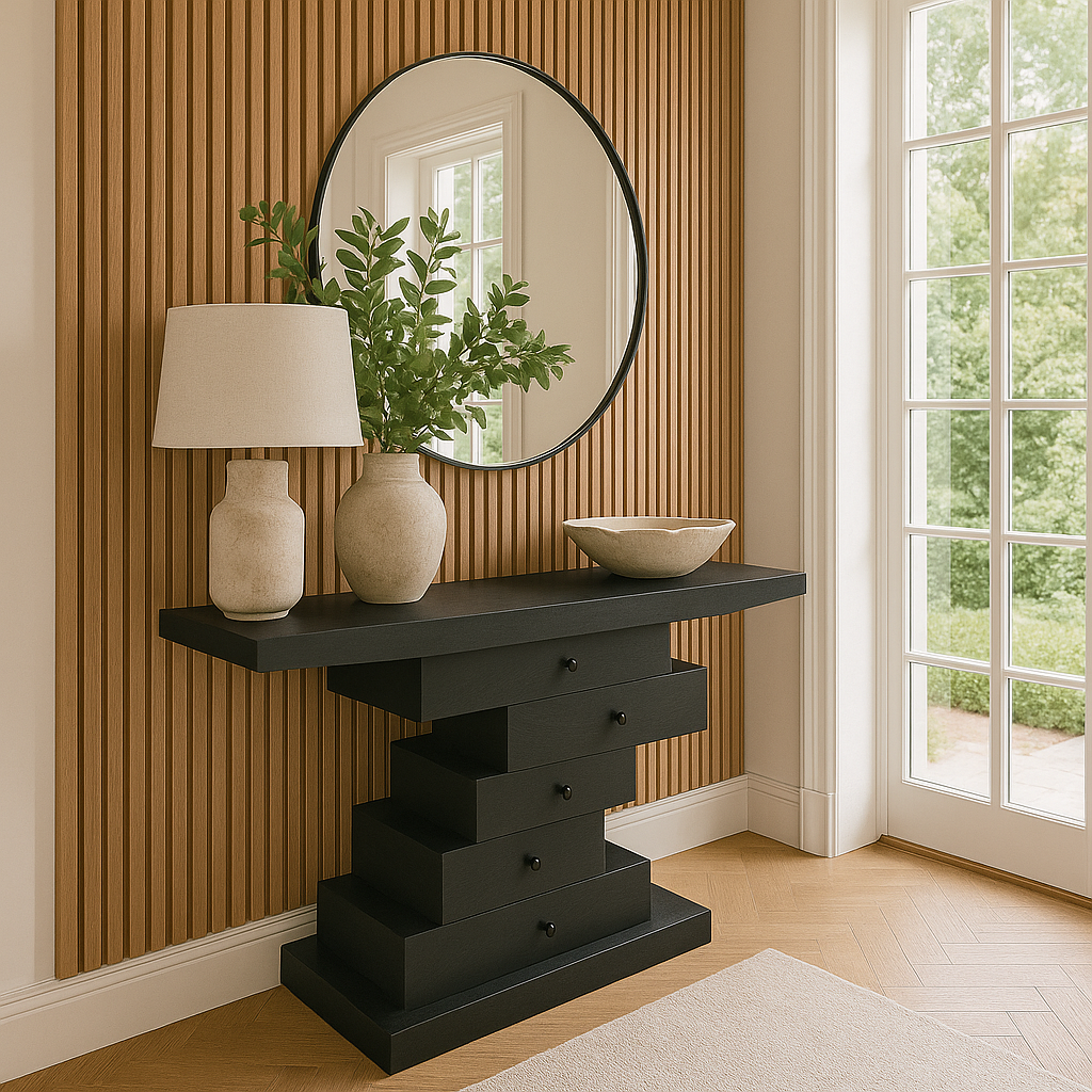 Stepcase Console Table in 46-inch black ash finish with geometric stepped design