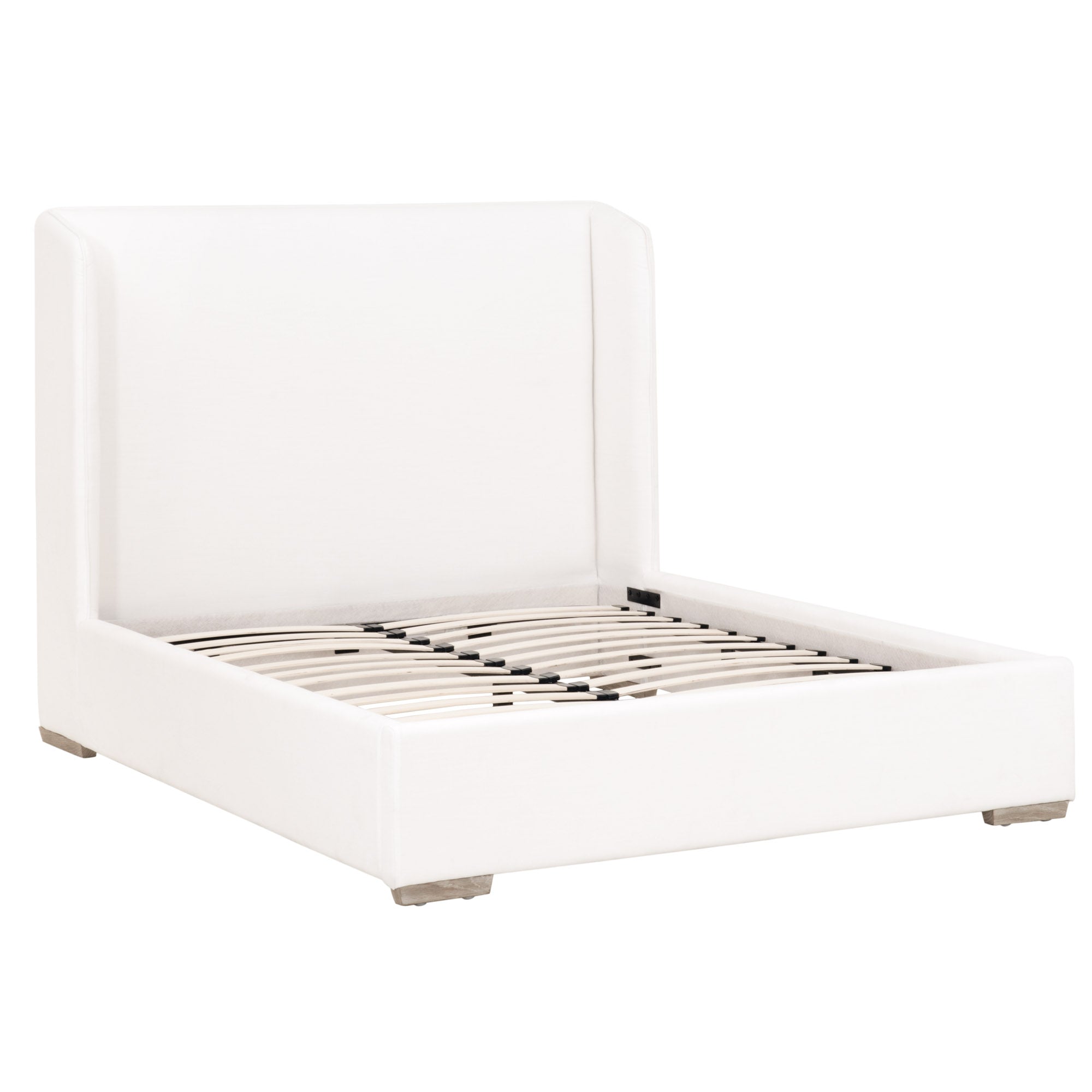 Stewart Standard King Bed with slanted wingback headboard upholstered in white LiveSmart fabric by Essentials for Living