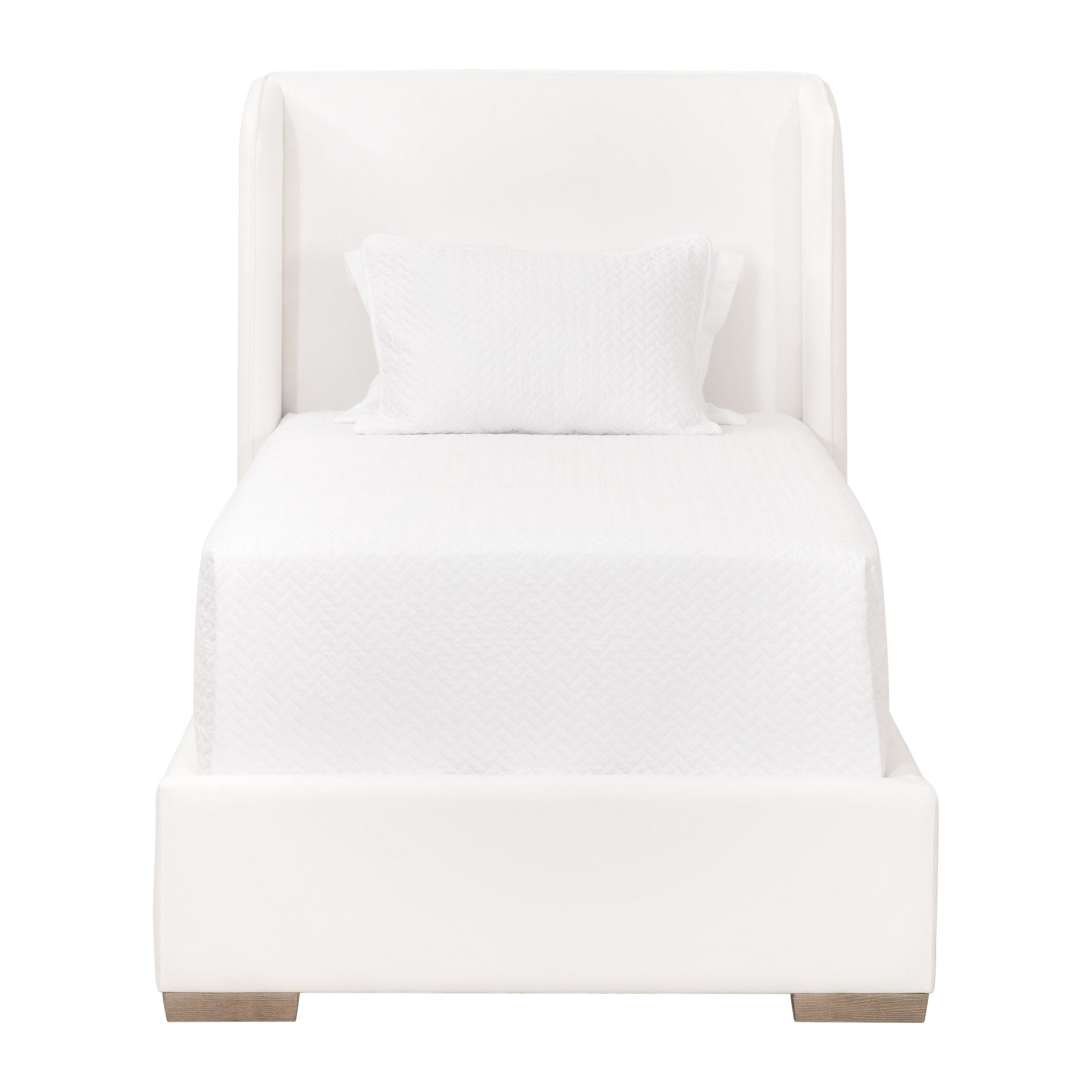 Essentials For Living Stewart Twin Bed with upholstered wingback headboard and natural gray oak legs in white fabric