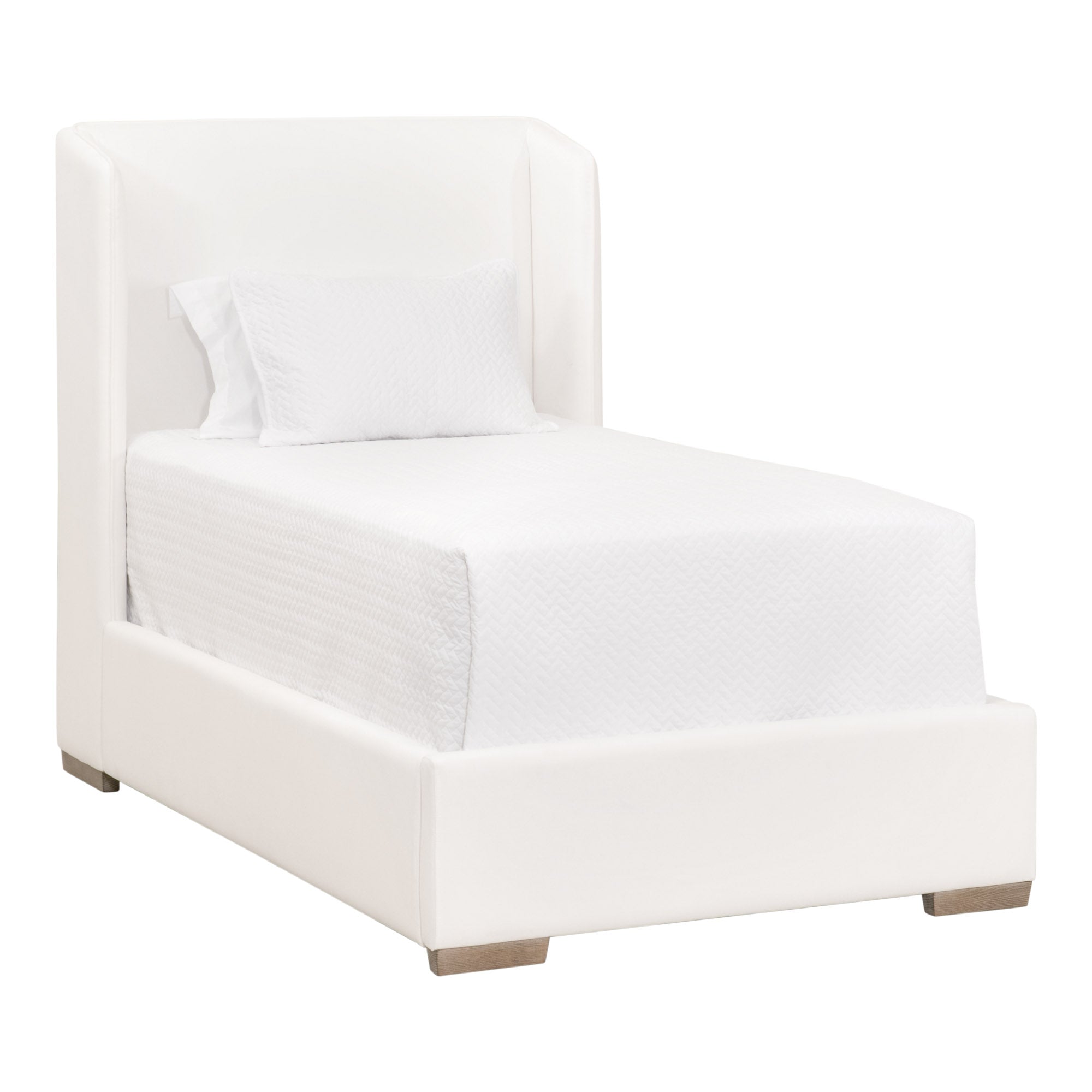 Stewart Twin Bed by Essentials For Living with upholstered wingback headboard and natural oak legs in white fabric