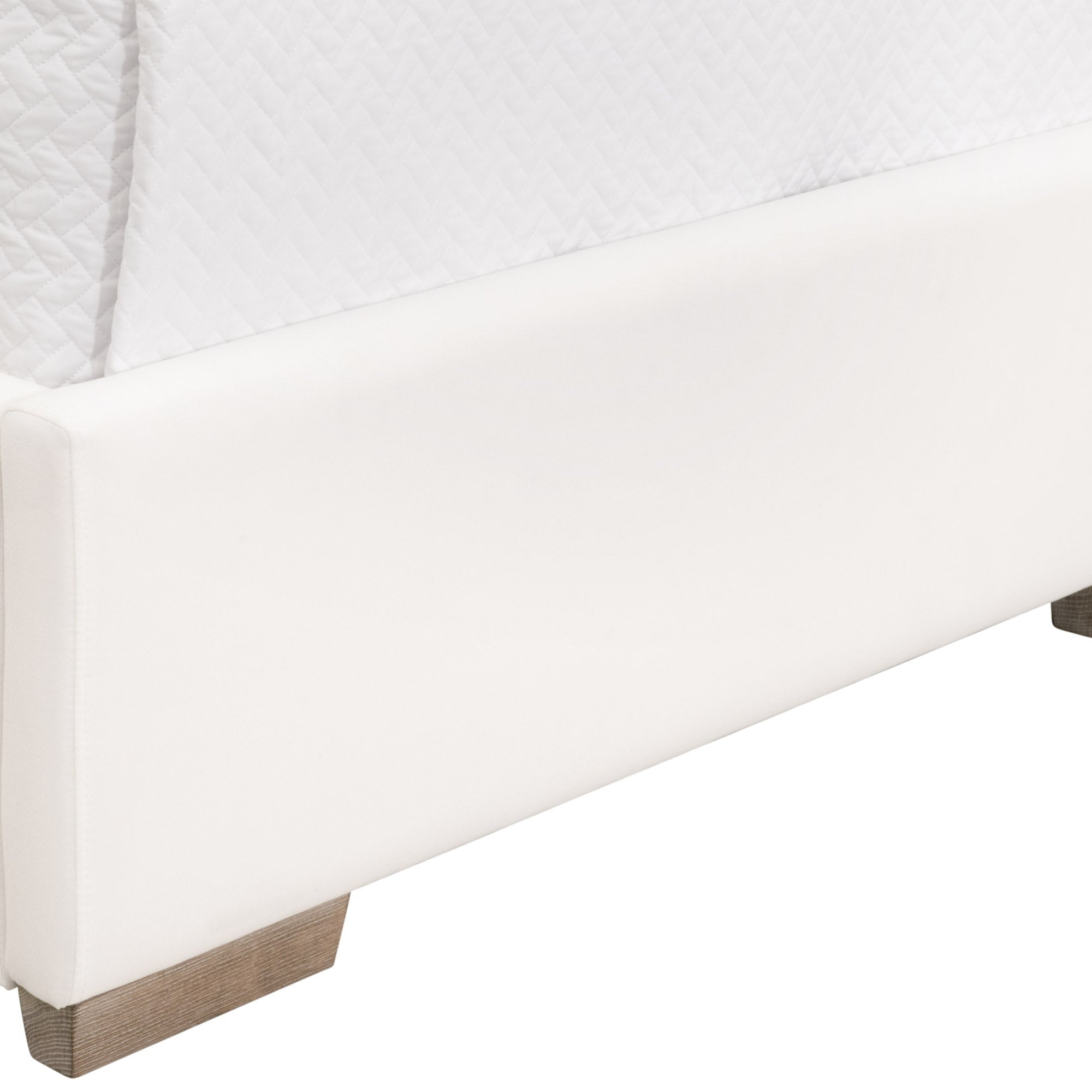 Close-up of Stewart Twin Bed’s upholstered natural gray oak frame with LiveSmart Peyton-Pearl fabric by Essentials for Living
