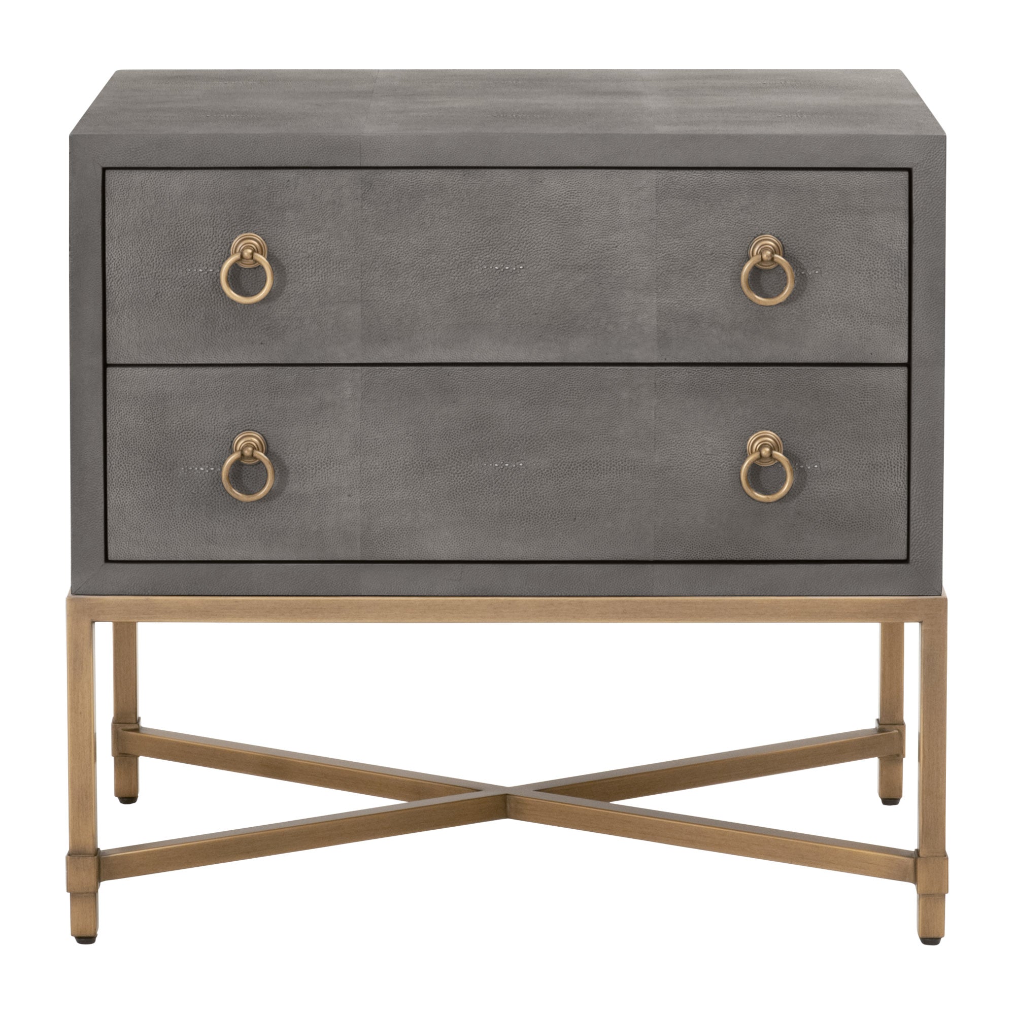 Essentials for Living Strand Shagreen nightstand with two drawers, gray faux shagreen finish, and gold X-shaped base
