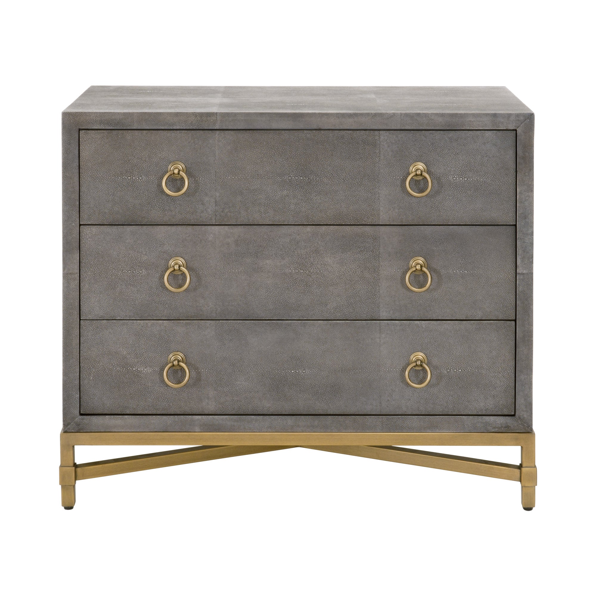 Three-drawer nightstand with textured gray finish and brushed gold metal base in modern minimalist design