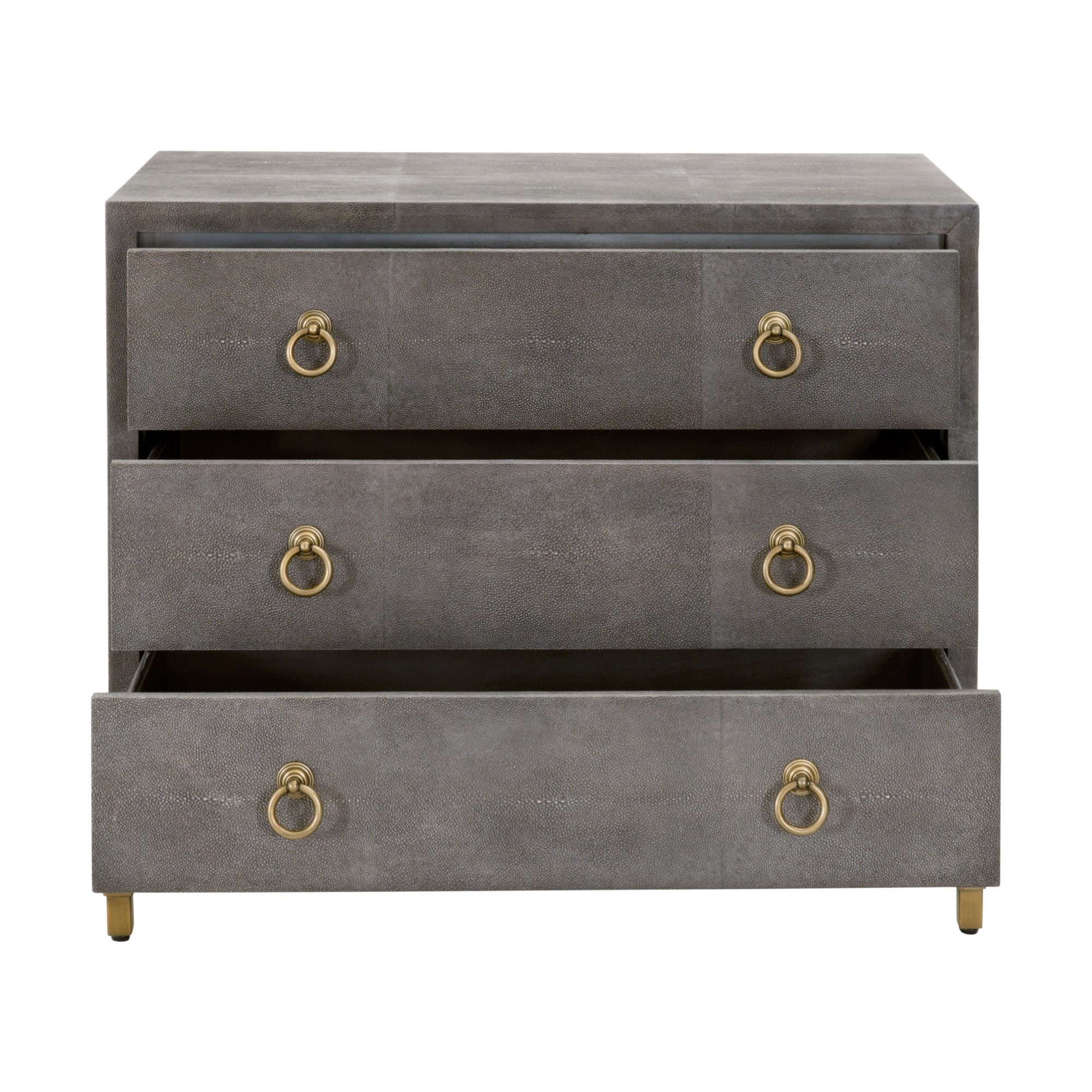 Strand Shagreen 3-drawer nightstand with brushed gold ring pulls and gray faux shagreen finish by Essentials For Living