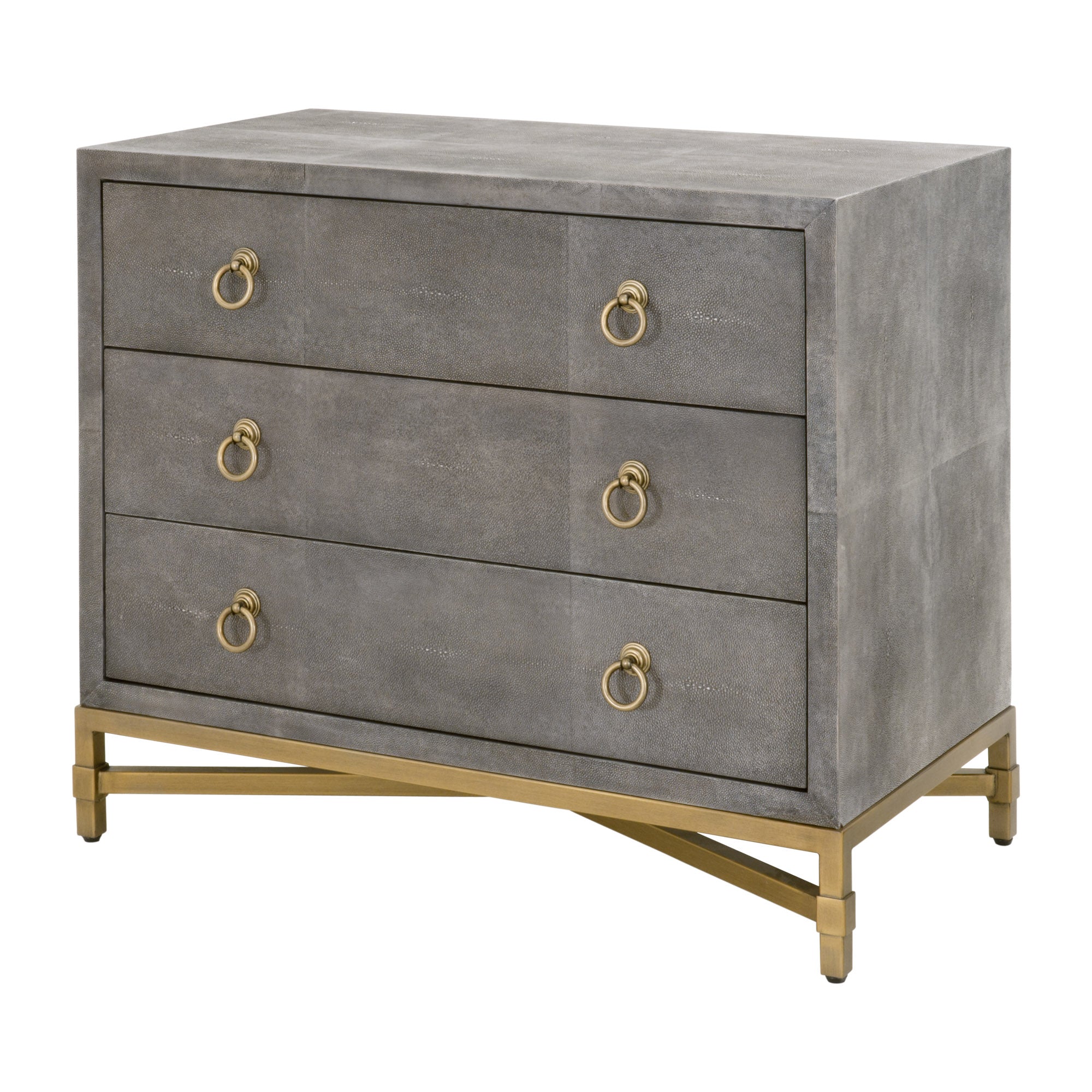 Strand Shagreen nightstand with three drawers and brushed gold ring pulls on a gold steel base by Essentials for Living