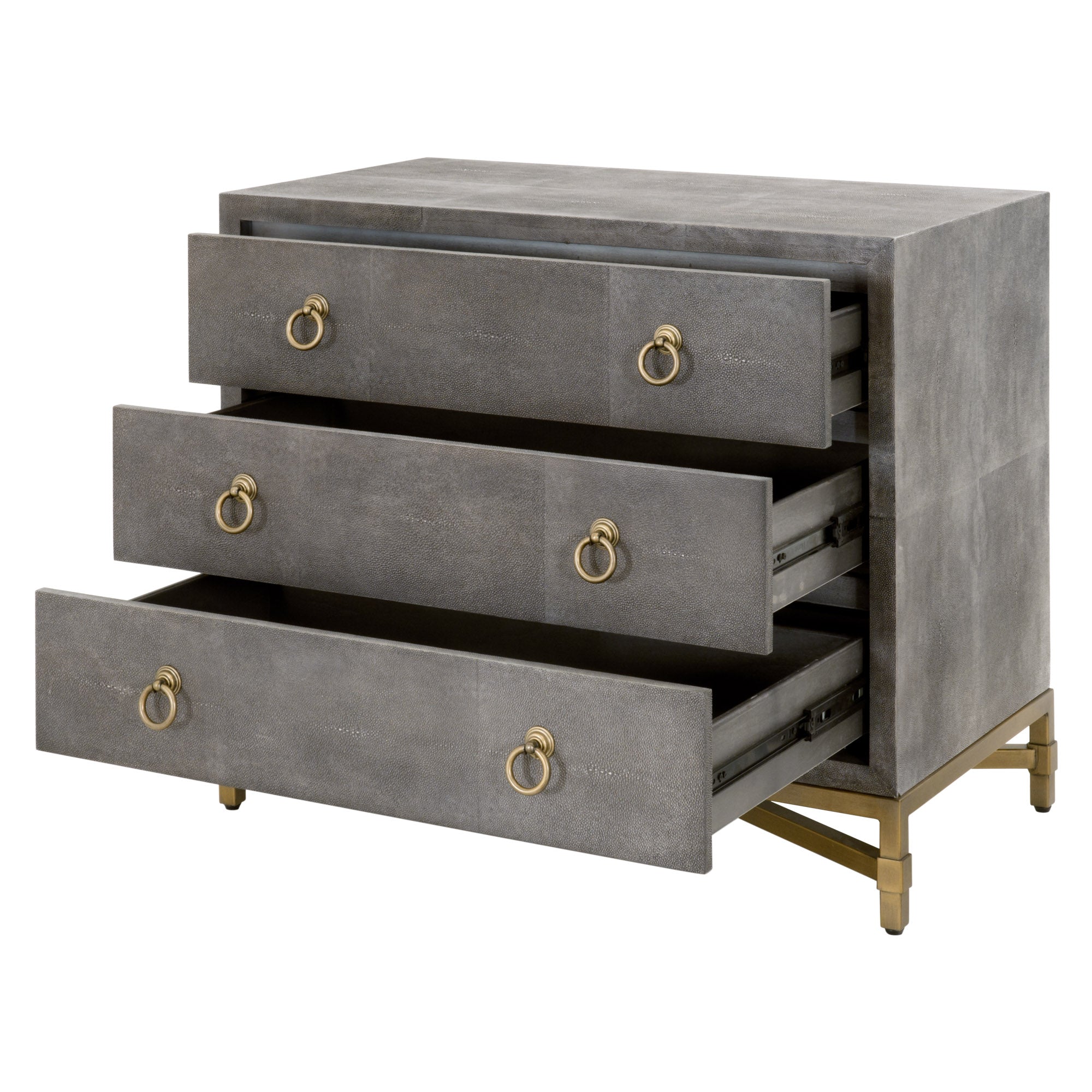 Three-drawer nightstand with faux shagreen finish and brushed gold ring pulls on a gold metal base by Essentials for Living