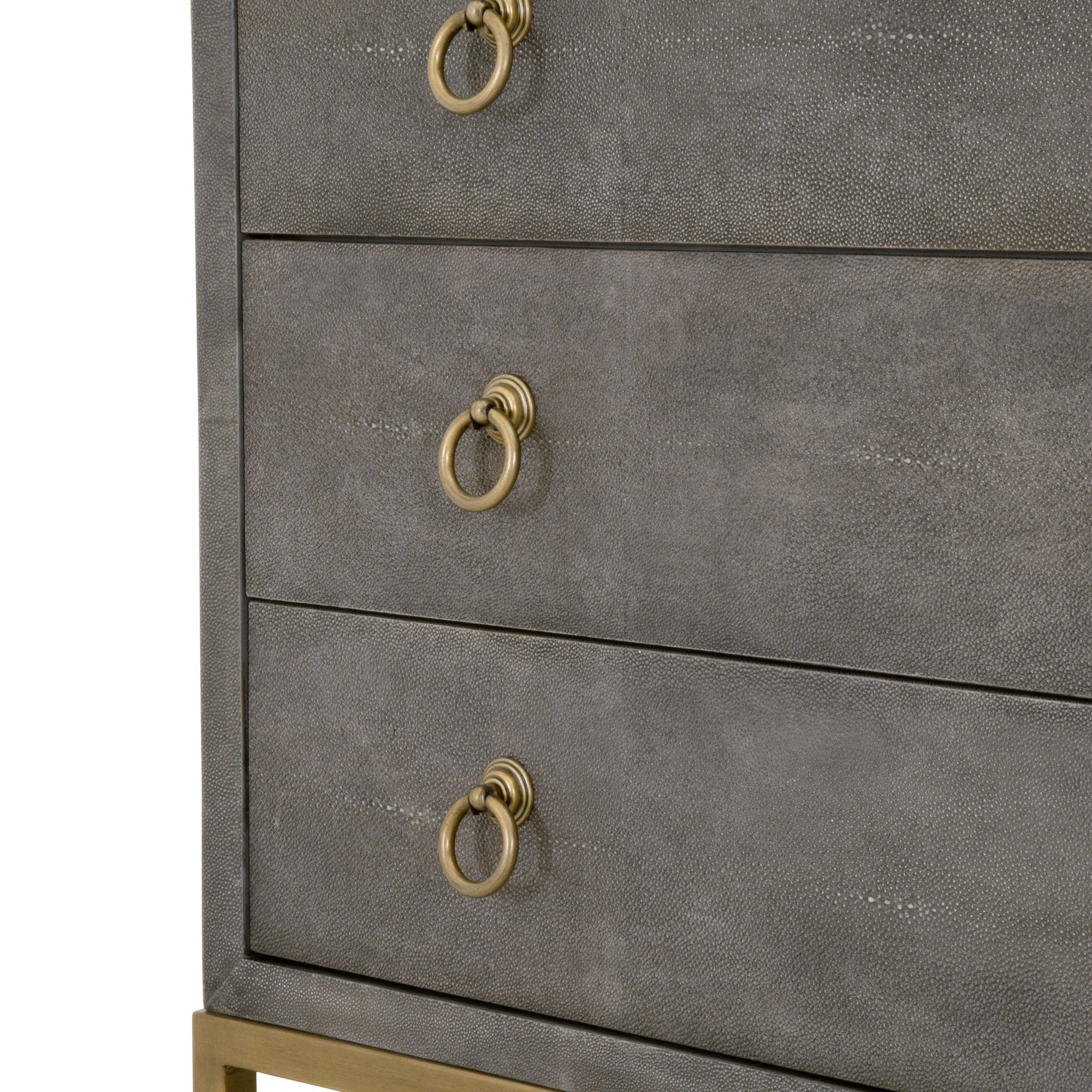 Close-up of Strand Shagreen Nightstand drawers with pearl white faux shagreen finish and brushed gold ring pulls