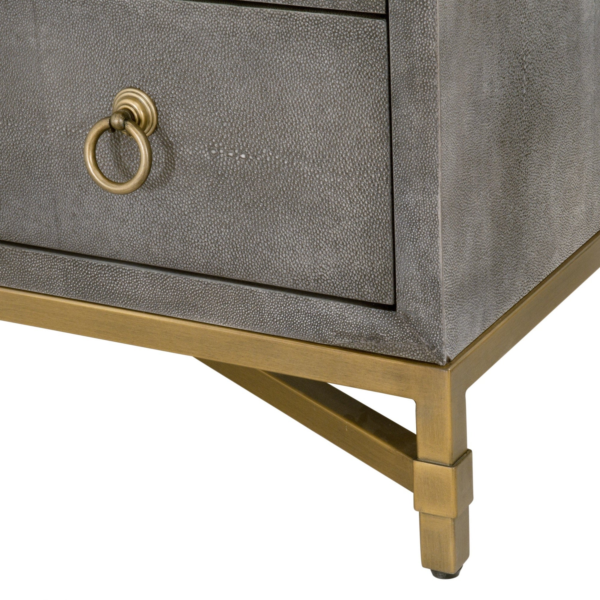 Close-up of Strand Shagreen Nightstand corner showing pearl white faux shagreen texture and brushed gold ring pull on drawer