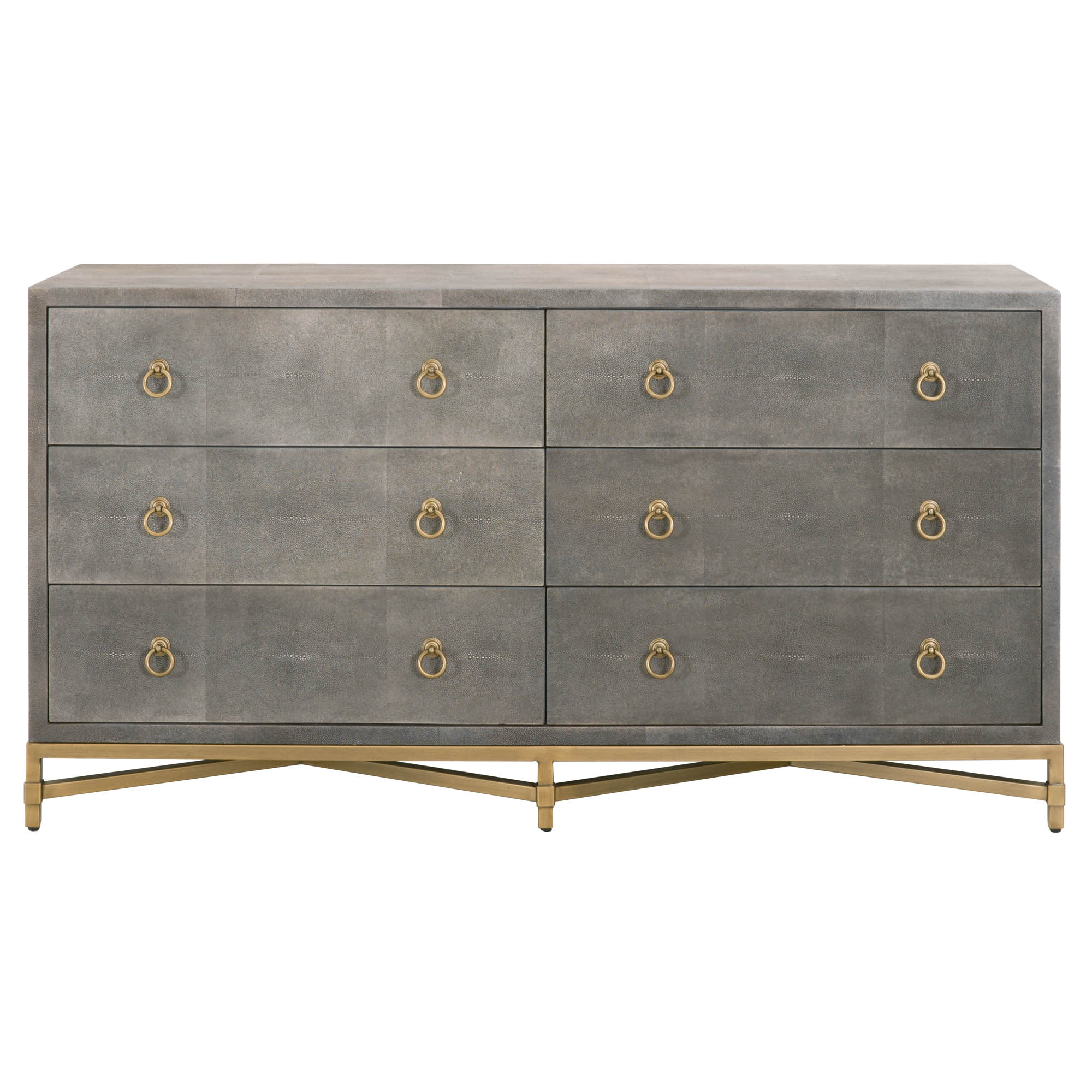 Essentials For Living Strand Shagreen 6-drawer dresser with muted gray finish and gold X-shaped base