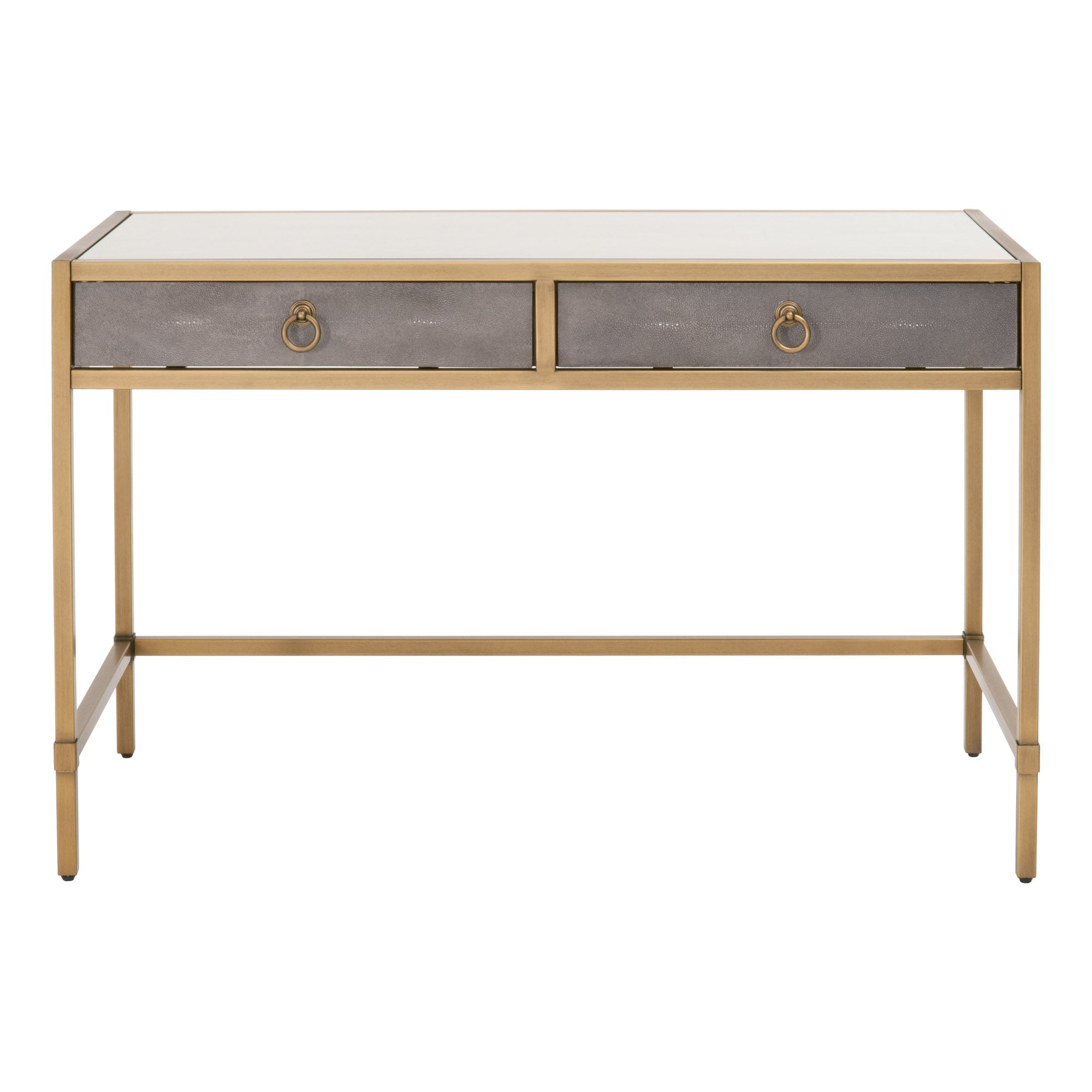 Essentials for Living Strand Shagreen Desk with faux shagreen drawers, glass top, and brushed gold steel base.