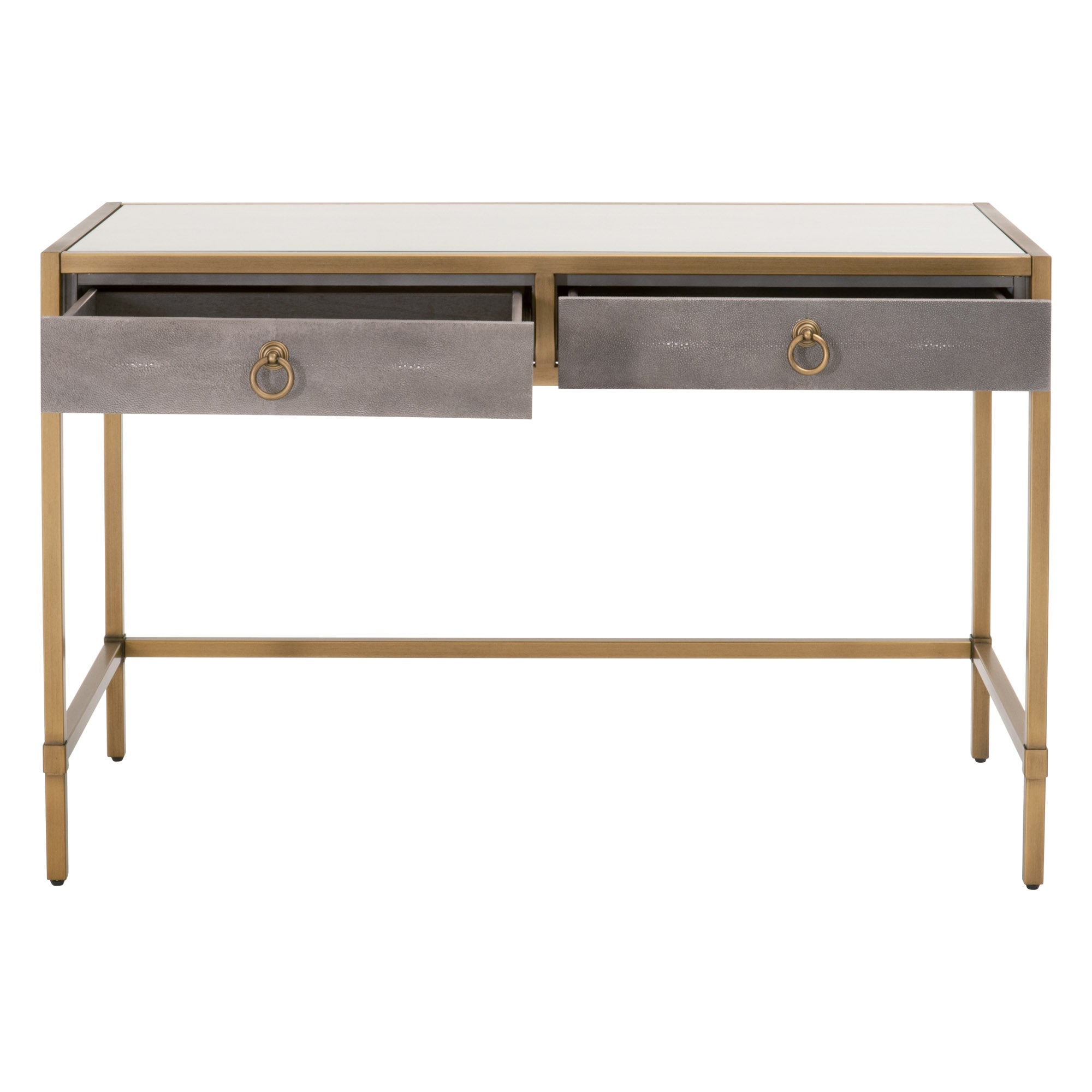 Pearl white faux shagreen desk with glass top, brushed gold steel base, and two drawers by Essentials for Living