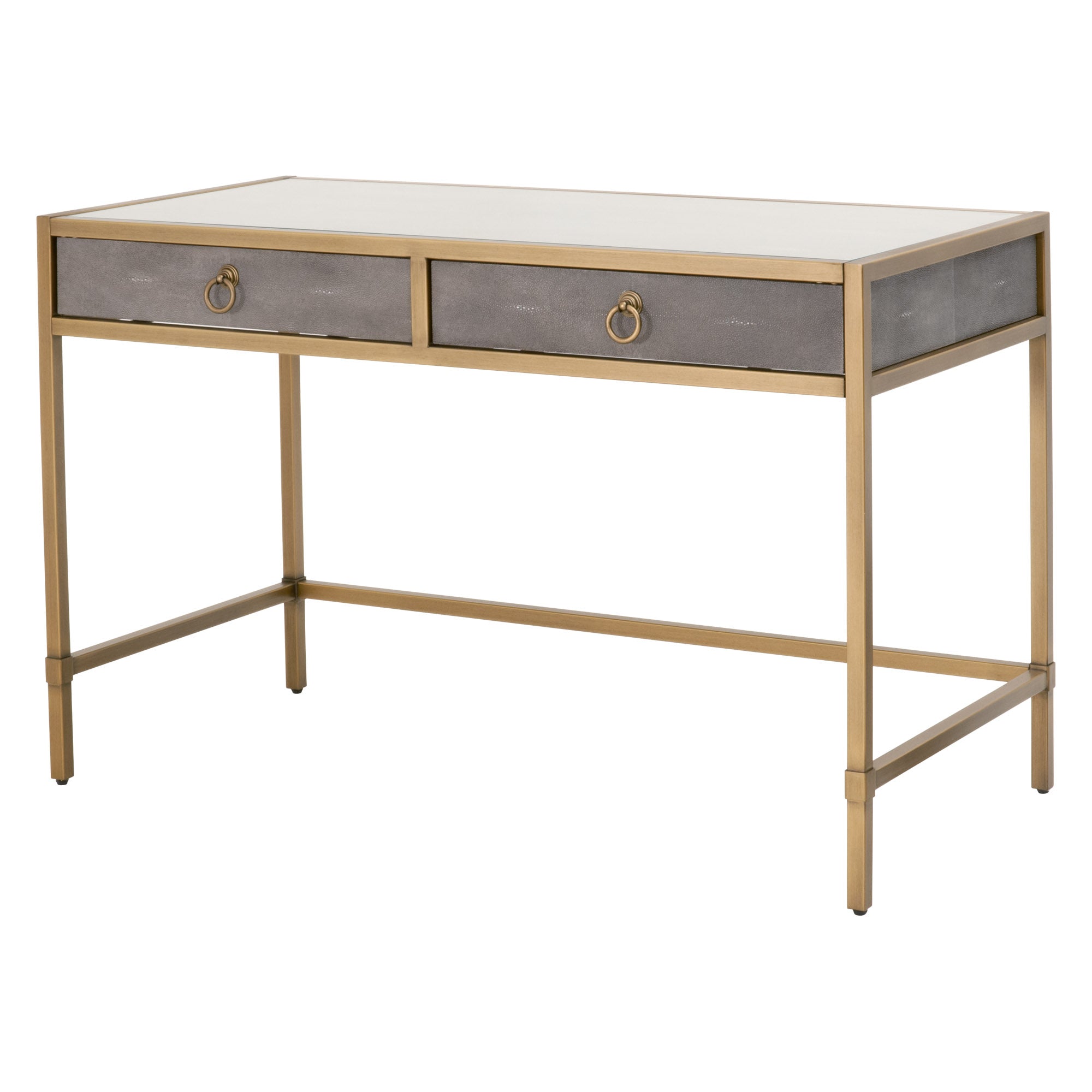 Essentials for Living Strand Shagreen Desk with pearl white faux shagreen finish and brushed gold steel base.