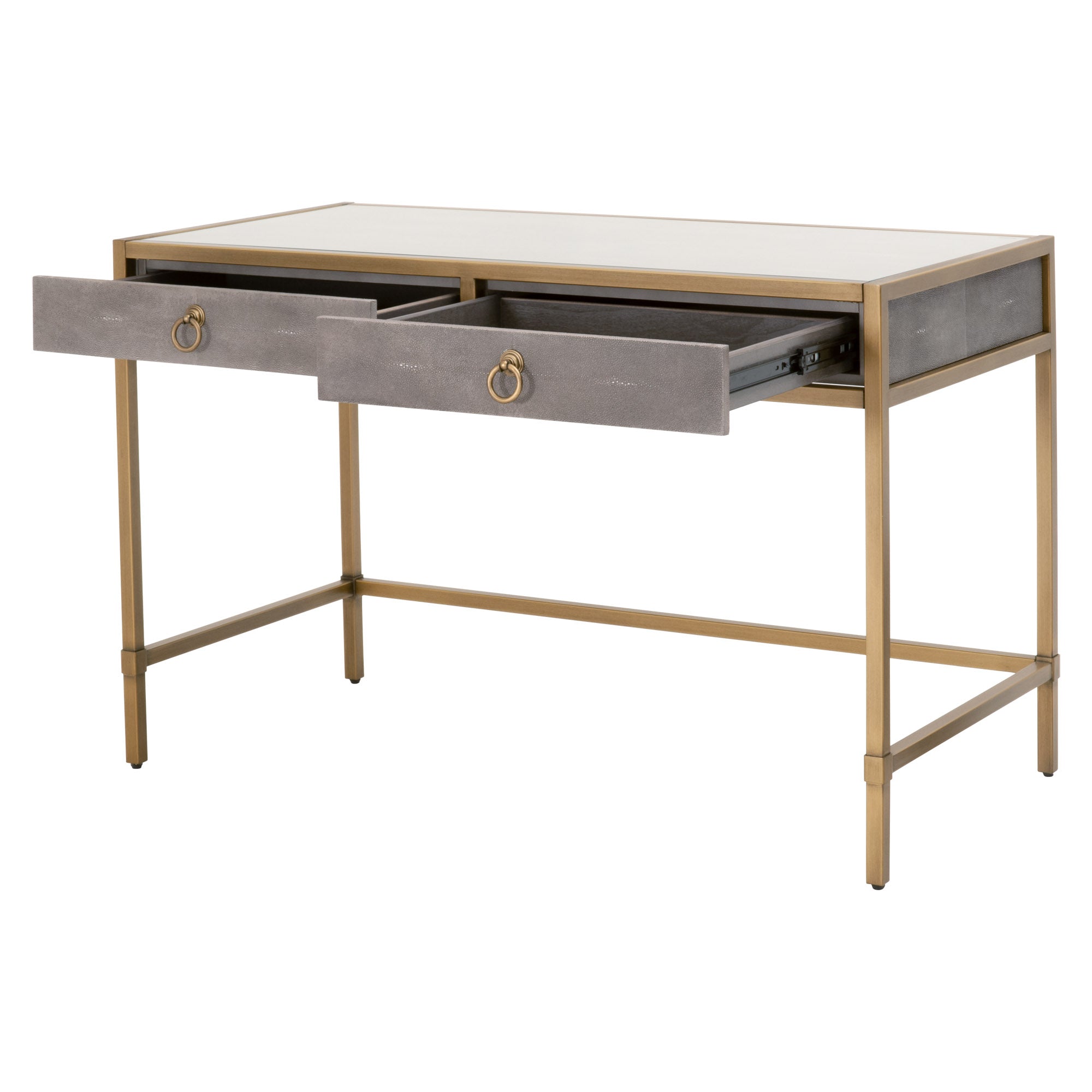 Essentials for Living Strand Shagreen Desk with brushed gold base, glass top, and two open storage drawers.