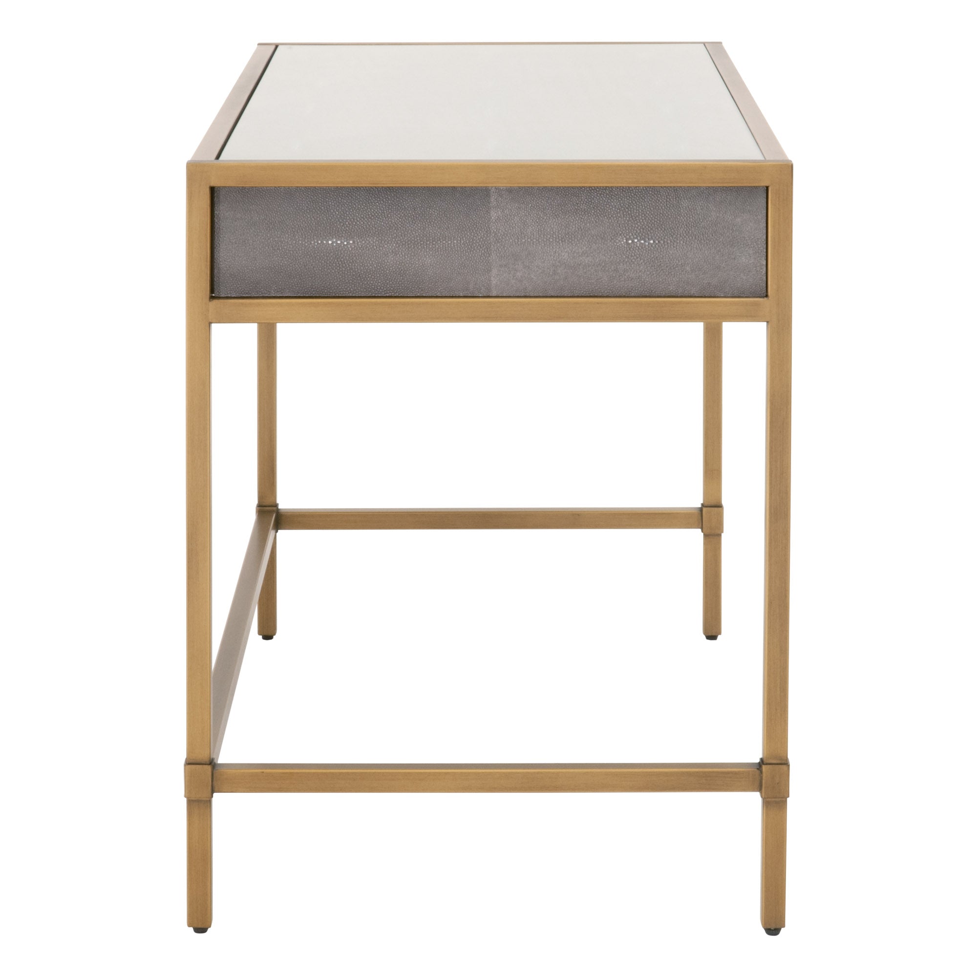 Pearl white faux shagreen desk with glass top and brushed gold steel frame by Essentials For Living in minimalist style