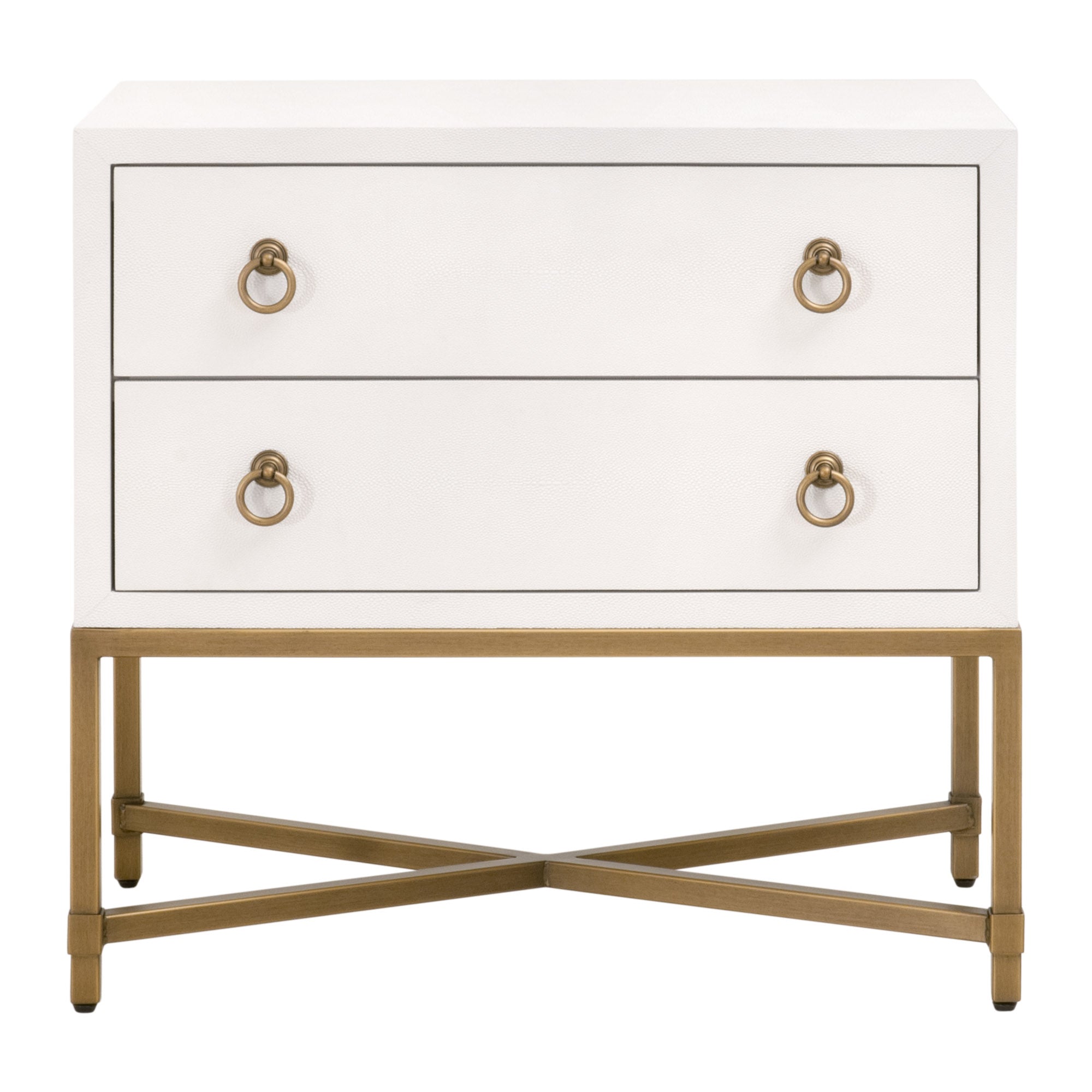 Essentials for Living Strand Nightstand with two drawers and brushed gold ring pulls on a gold X-shaped base