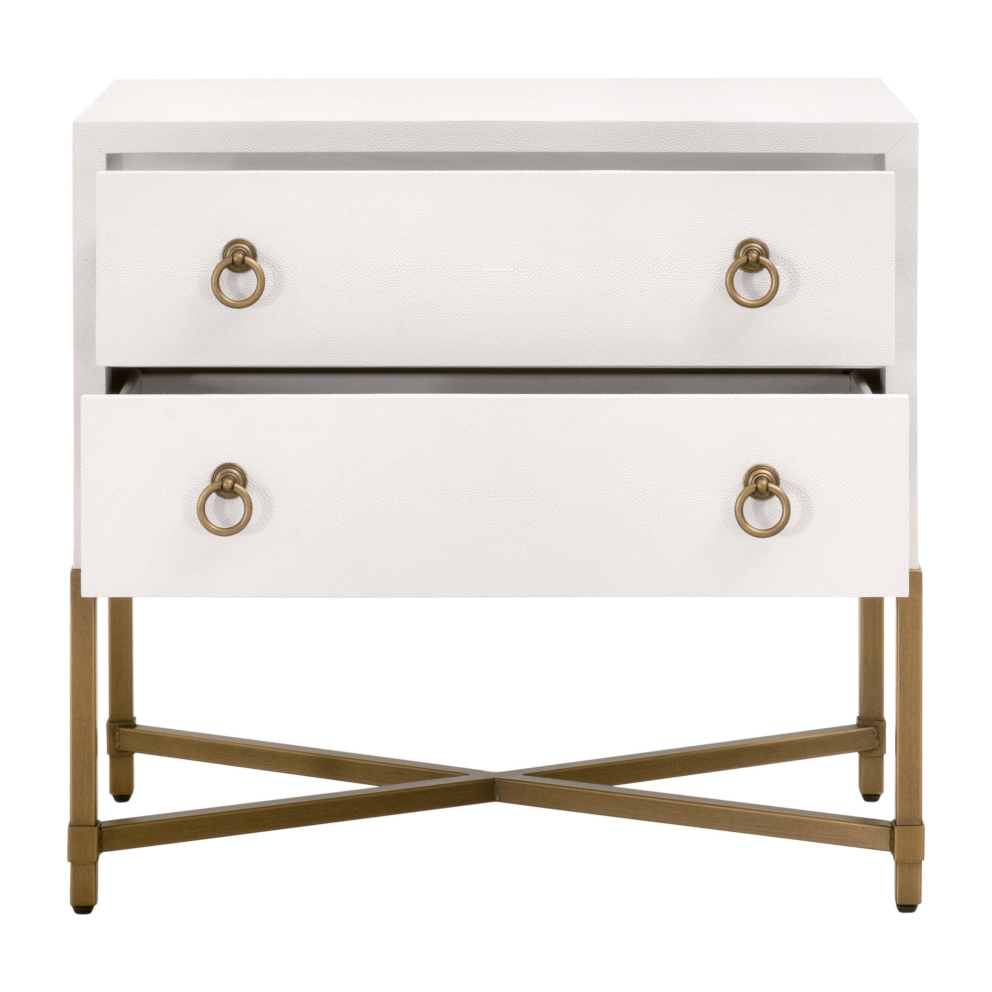 Essentials for Living 2-drawer nightstand with white finish and brushed gold X-shaped steel base and ring pulls