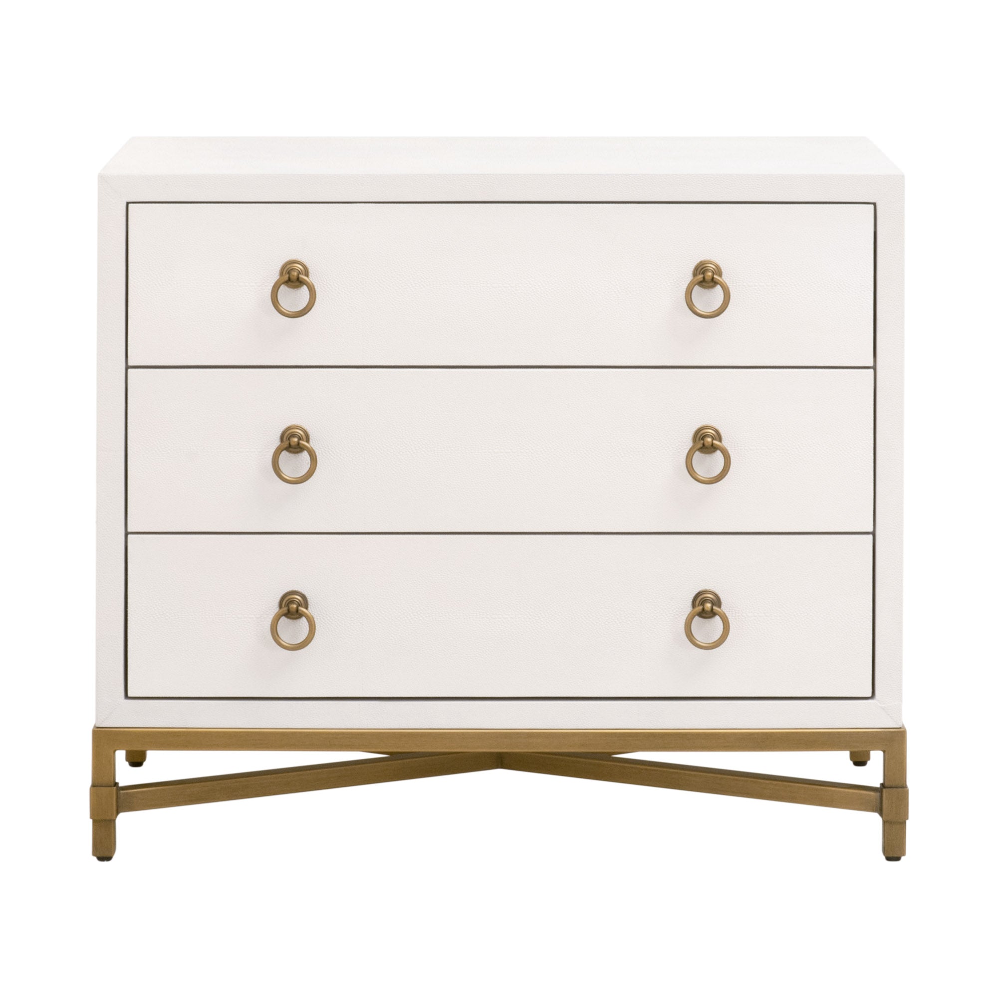 Essentials for Living Strand Shagreen 3-drawer nightstand with pearl white finish and brushed gold metal base