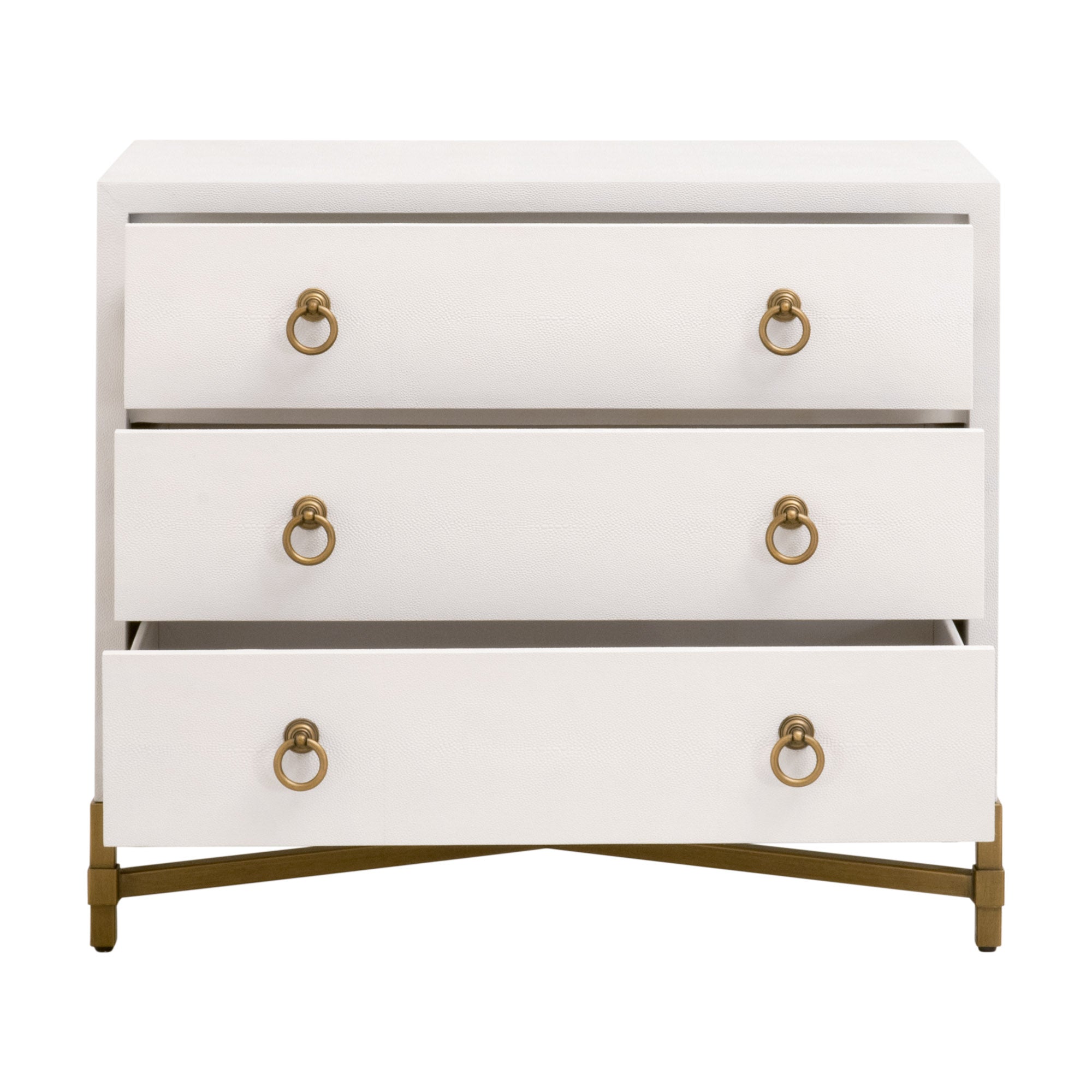 Pearl white faux shagreen 3-drawer nightstand with brushed gold ring pulls and an X-shaped gold steel base