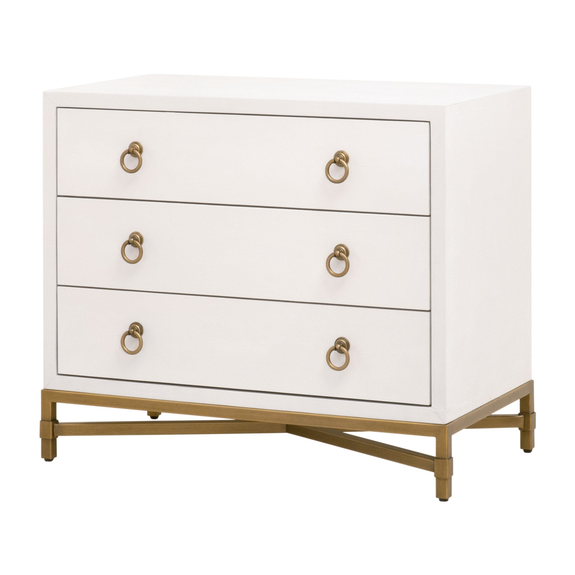 Pearl white faux shagreen 3-drawer nightstand with brushed gold ring pulls on X-shaped steel base by Essentials for Living