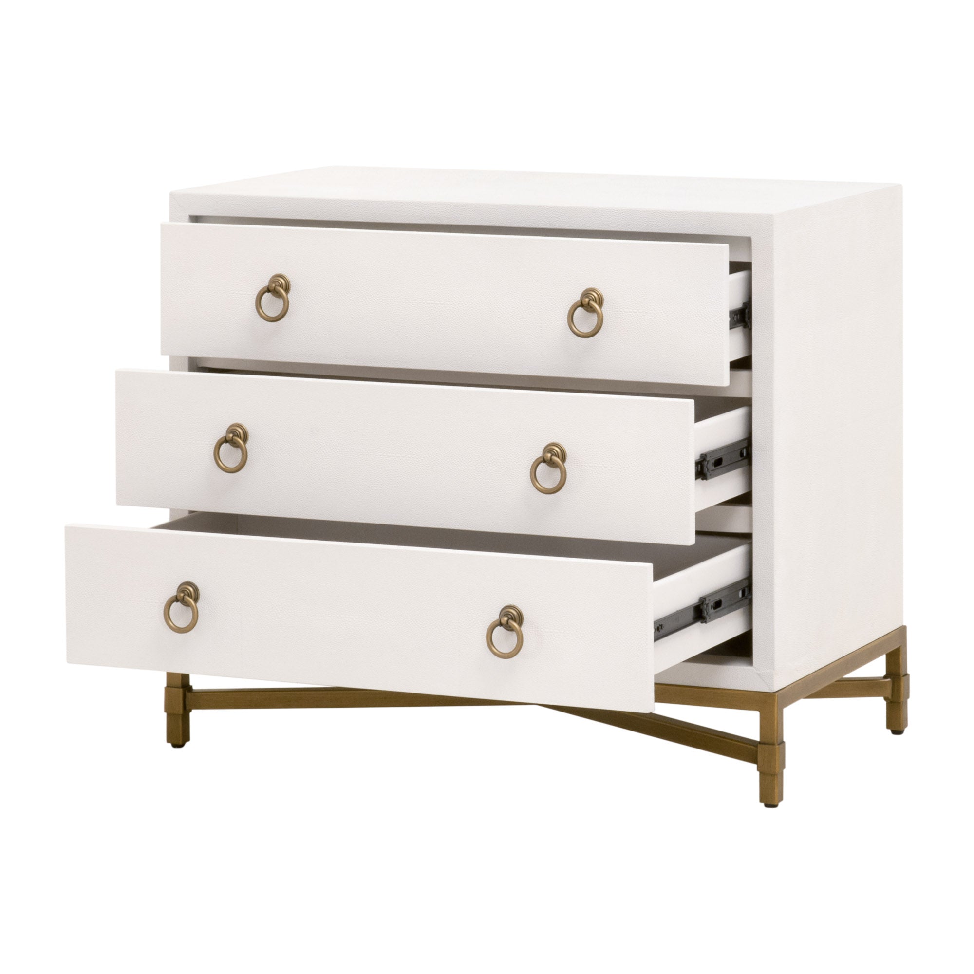 White three-drawer nightstand with brushed gold ring pulls and modern X-shaped metal base by Essentials for Living