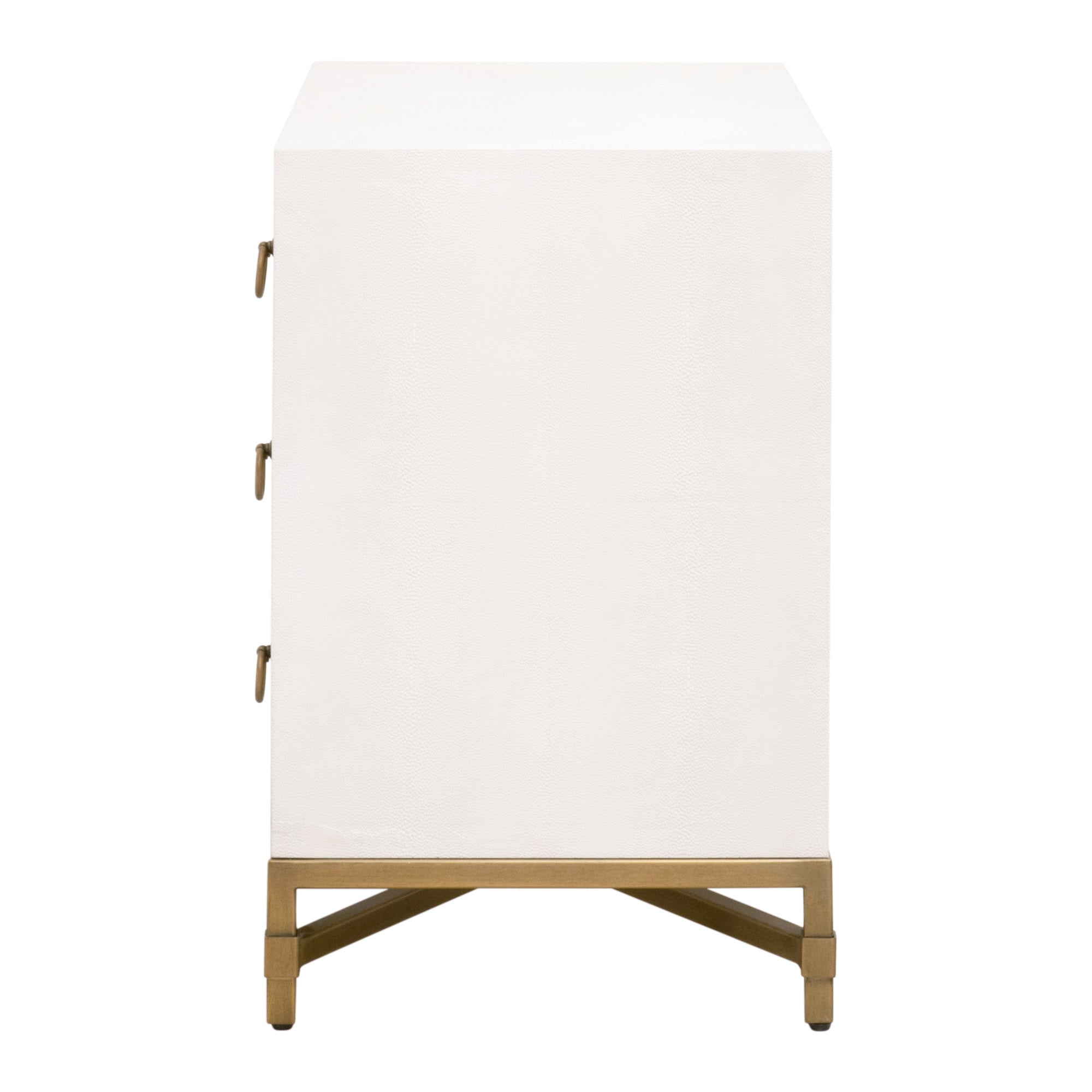 Side view of the Strand Shagreen 3-drawer nightstand with pearl white finish and brushed gold base by Essentials For Living