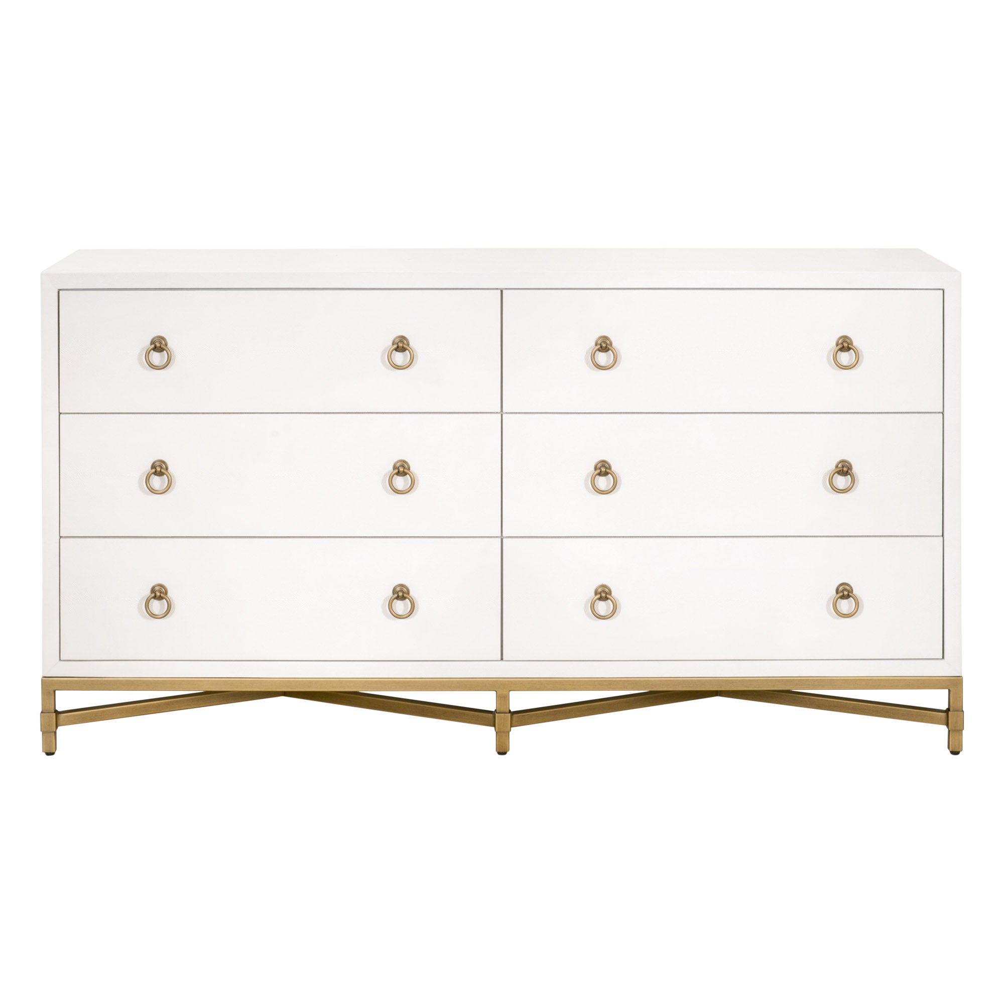Essentials For Living Strand Shagreen double dresser in pearl white with six drawers and brushed gold ring pulls on gold base