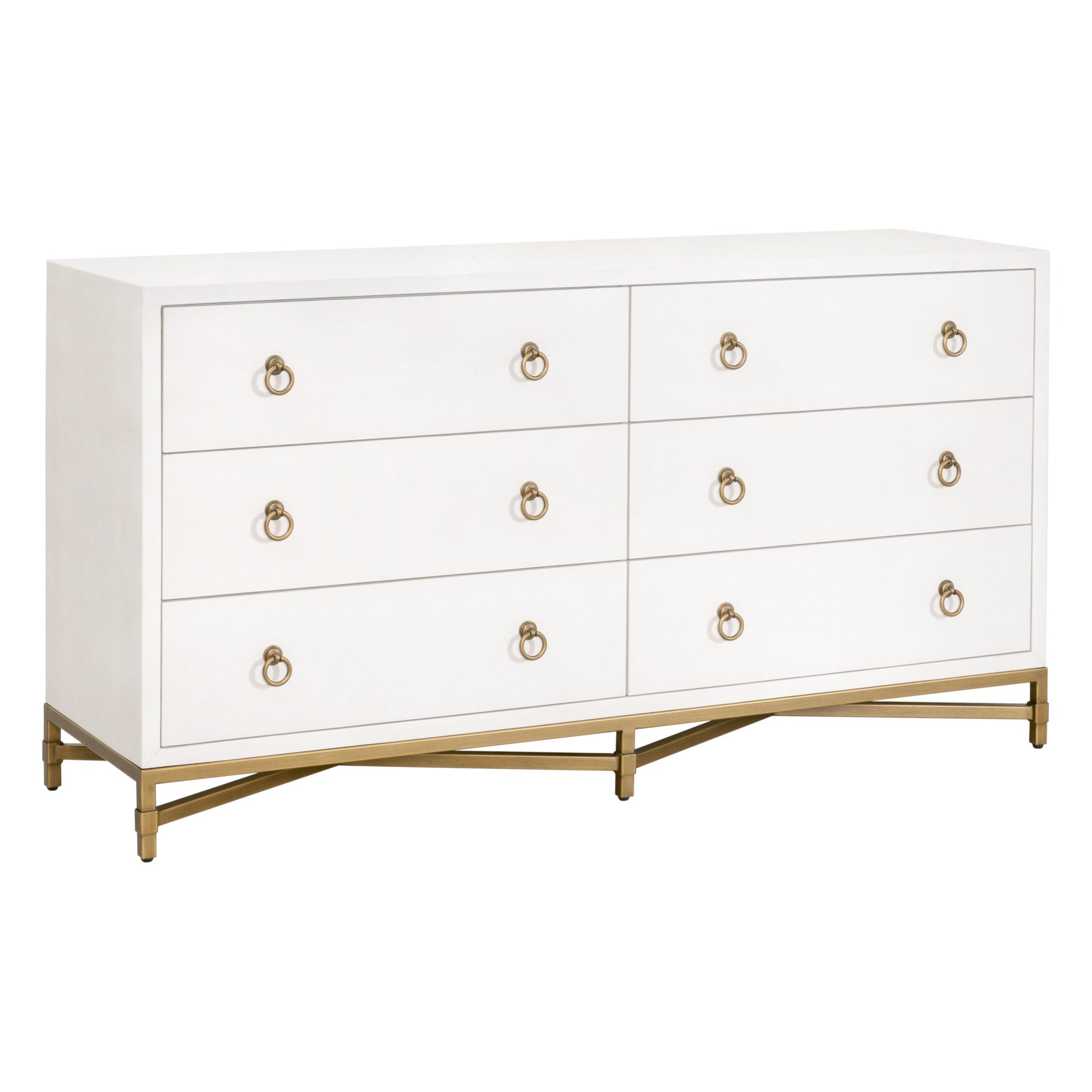 Pearl white Strand Shagreen double dresser with six drawers and gold ring pulls on gold X-shaped base by Essentials for Living