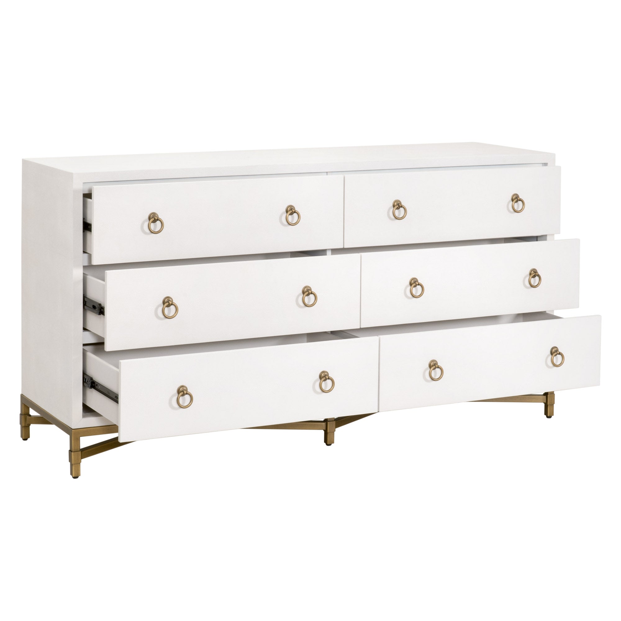 Essentials For Living Strand Shagreen double dresser in pearl white with six drawers and gold ring pulls on gold steel base